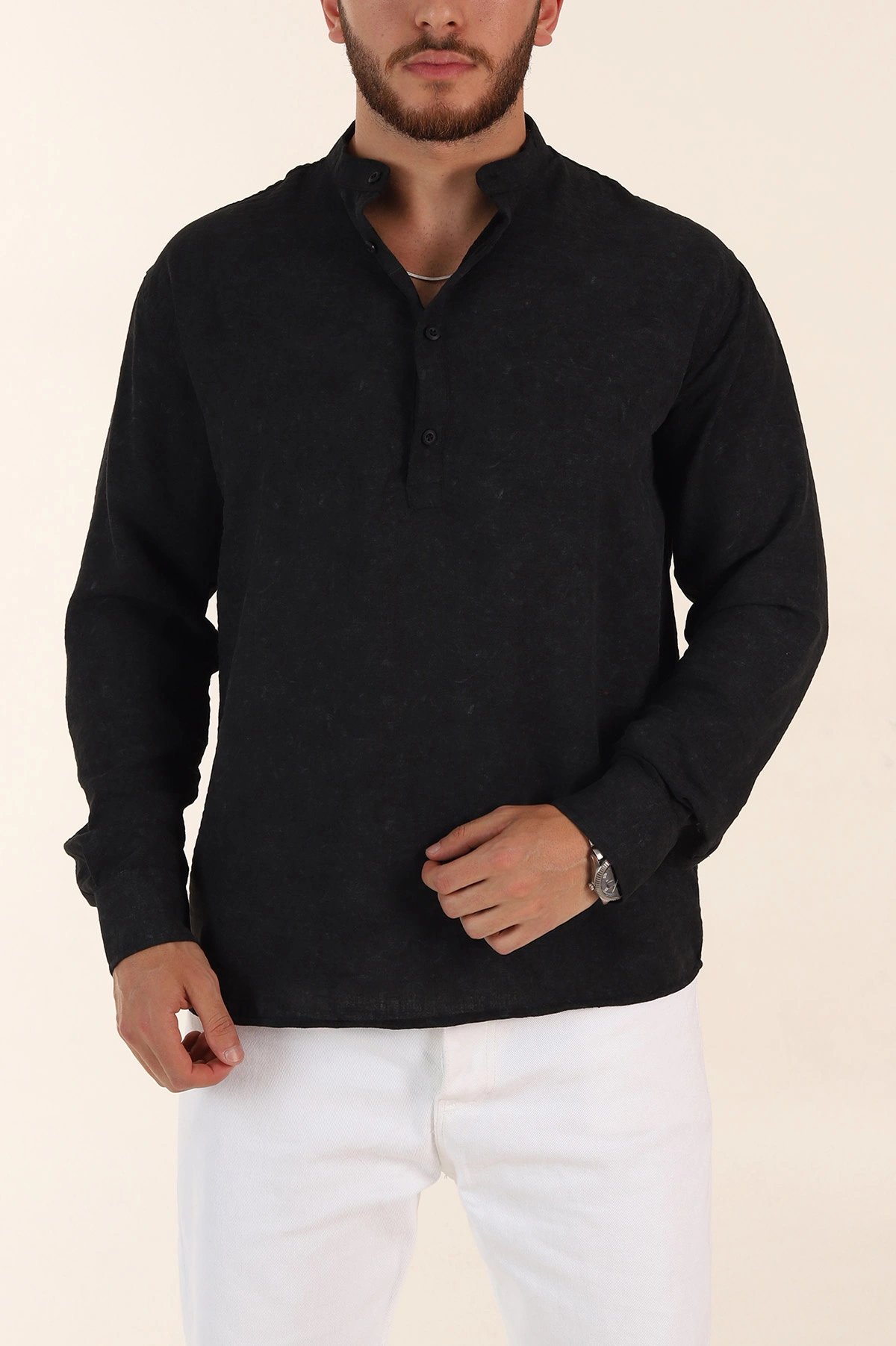Siyah Relaxed Fit Yarım Düğmeli Hakim Yaka Uzun Kollu Erkek Gömlek 369360