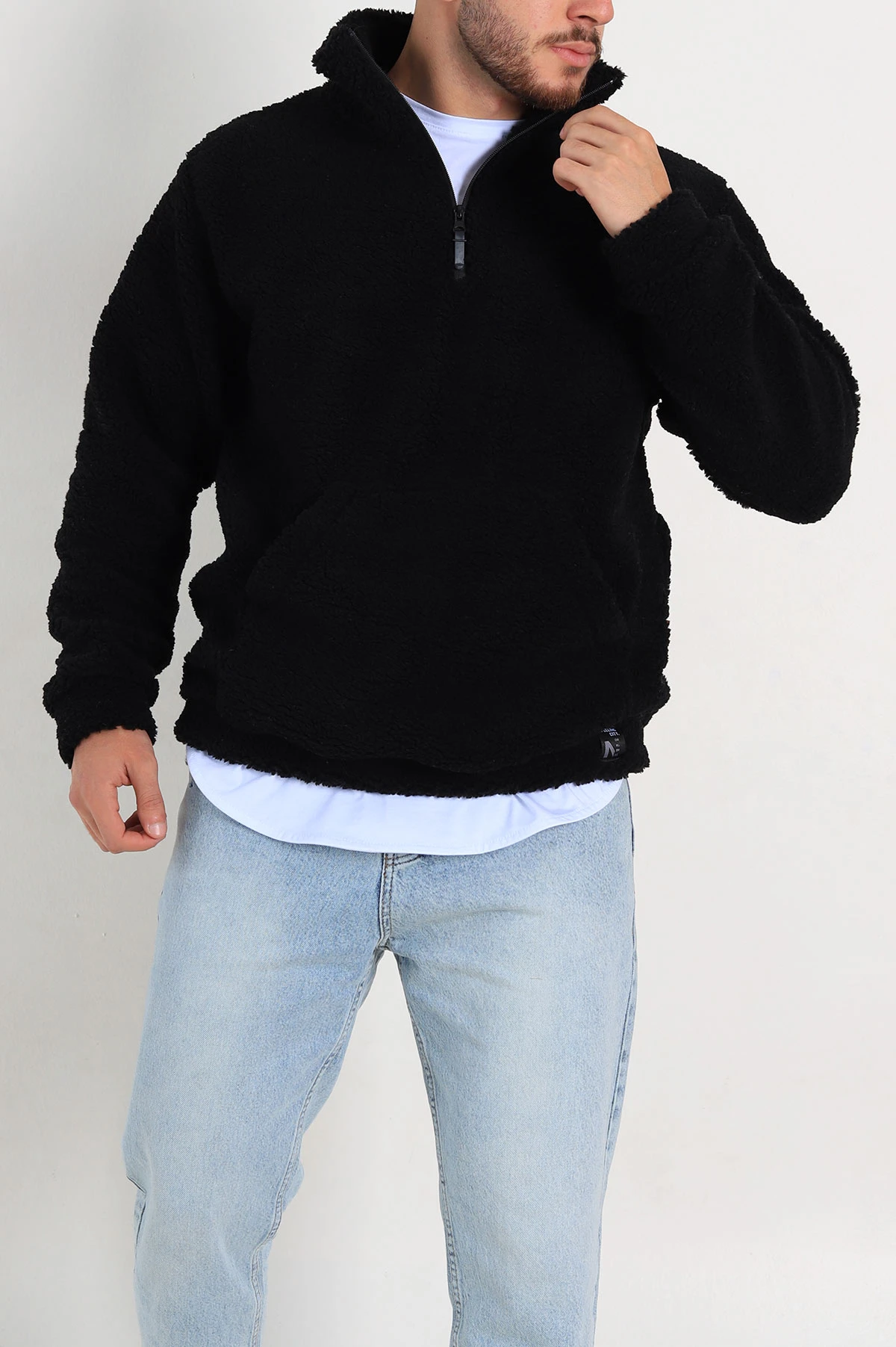 Siyah Relaxed Fit Yarım Fermuarlı Cep Detaylı Peluş Kanguru Sweatshirt 308905