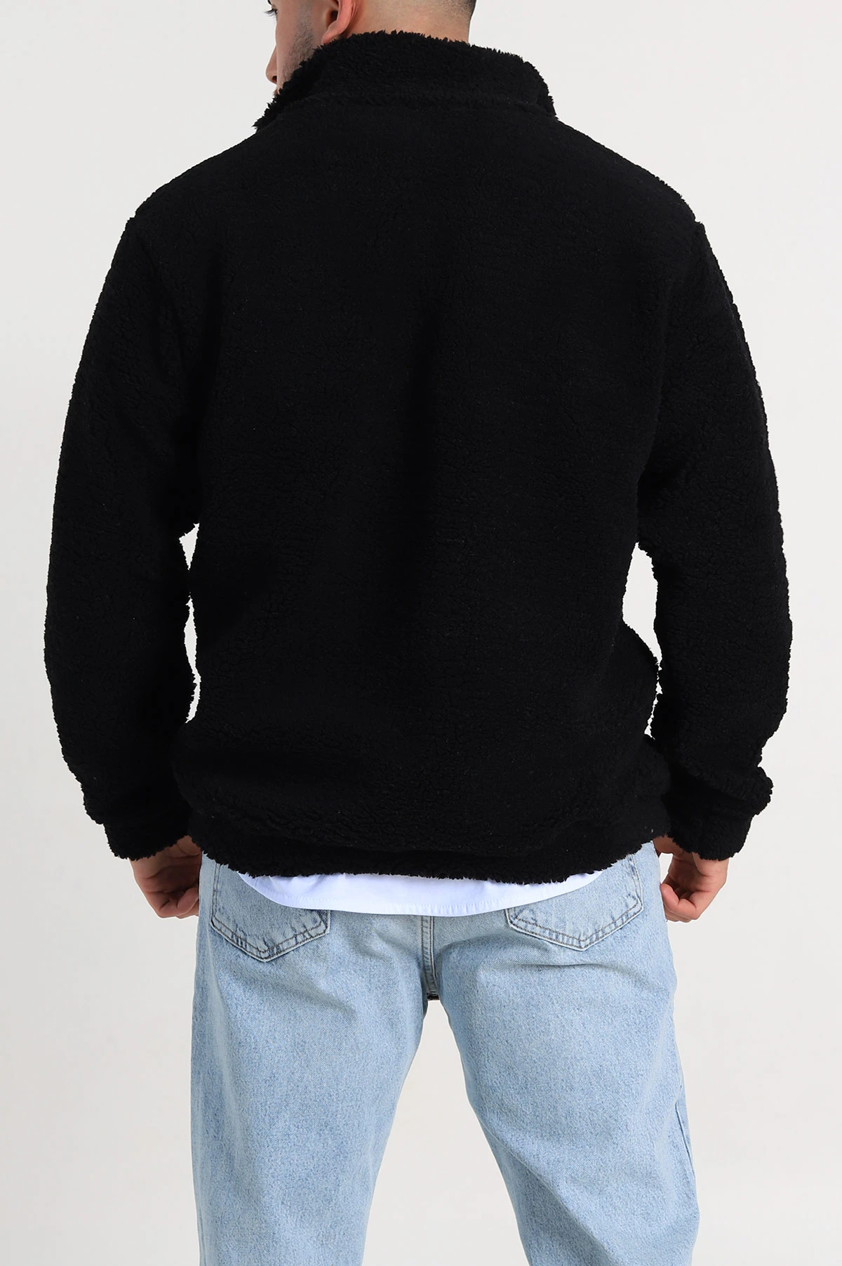 Siyah Relaxed Fit Yarım Fermuarlı Cep Detaylı Peluş Kanguru Sweatshirt 308905