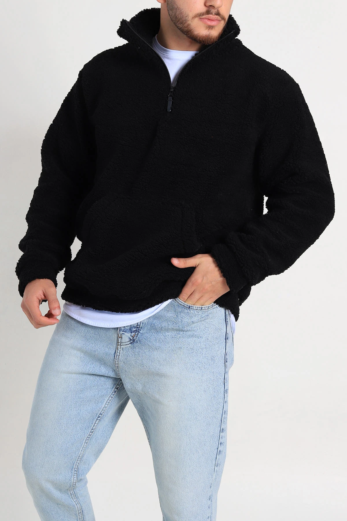 Siyah Relaxed Fit Yarım Fermuarlı Cep Detaylı Peluş Kanguru Sweatshirt 308905