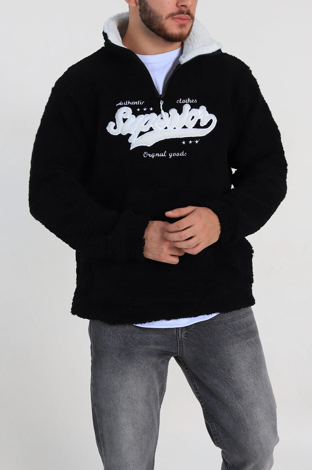 Siyah Relaxed Fit Yazı Detaylı Yarım Fermuarlı Peluş Kanguru Sweatshirt 314245