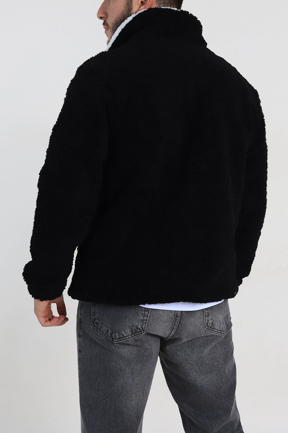 Siyah Relaxed Fit Yazı Detaylı Yarım Fermuarlı Peluş Kanguru Sweatshirt 314245