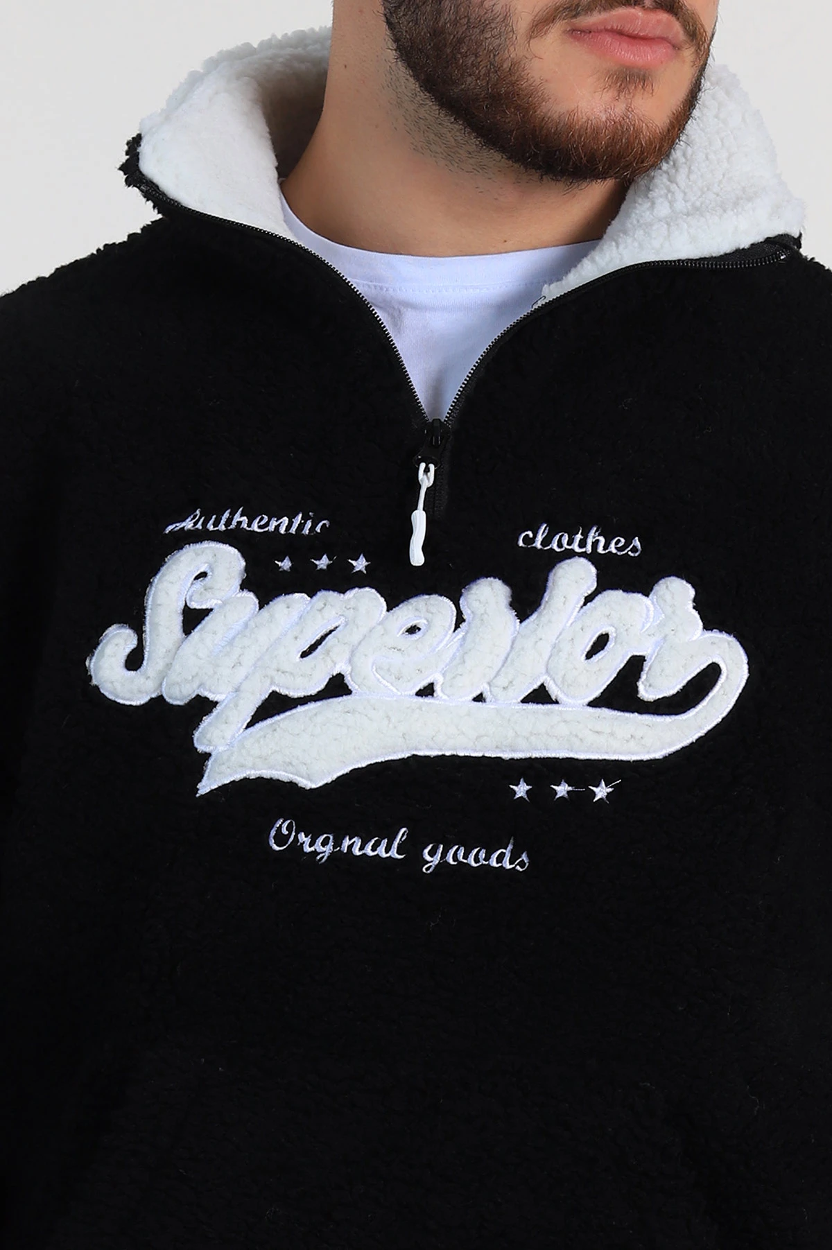 Siyah Relaxed Fit Yazı Detaylı Yarım Fermuarlı Peluş Kanguru Sweatshirt 314245