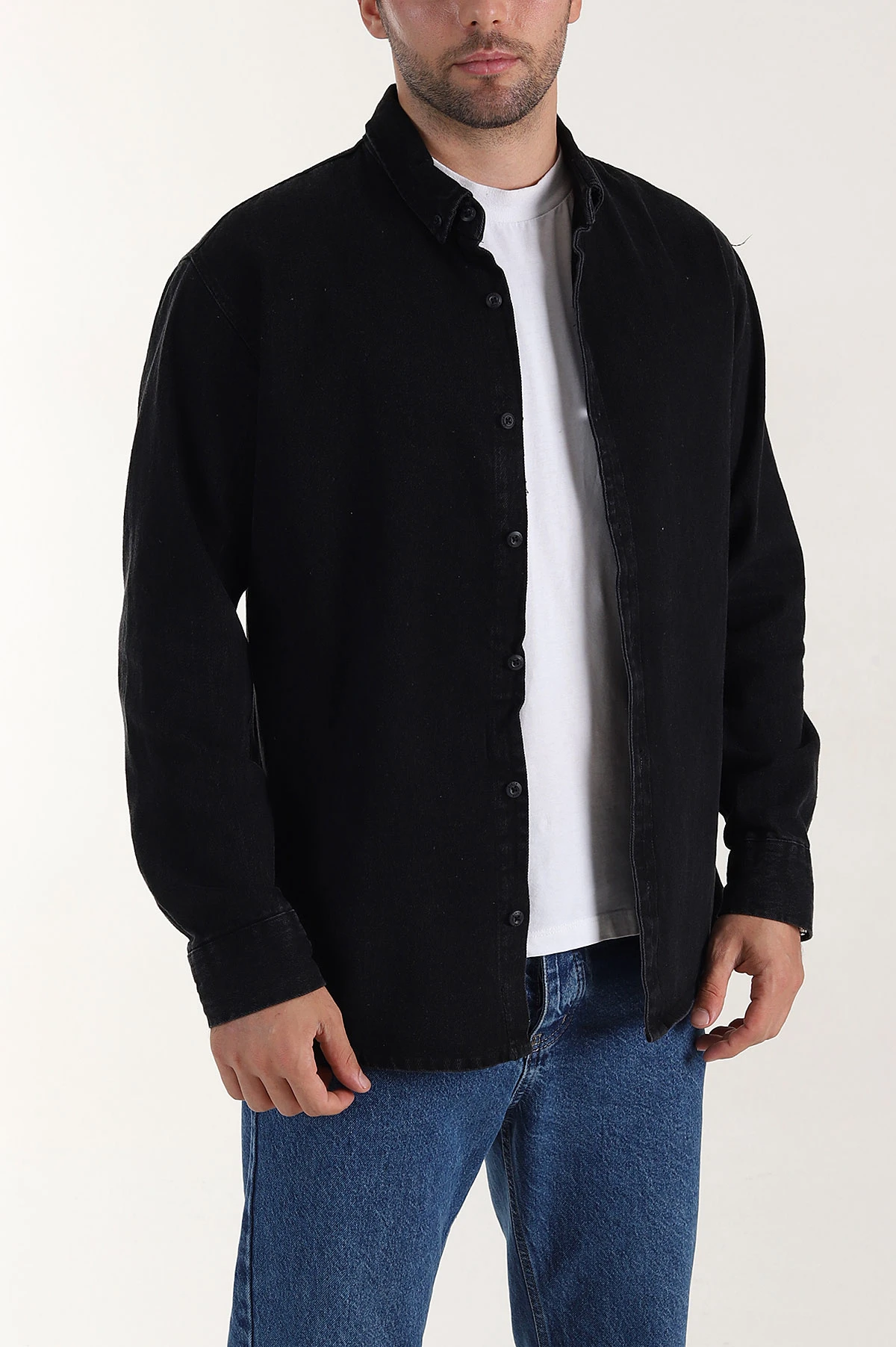 Siyah Relaxed Fit Yıkamalı Erkek Kot Gömlek 399961