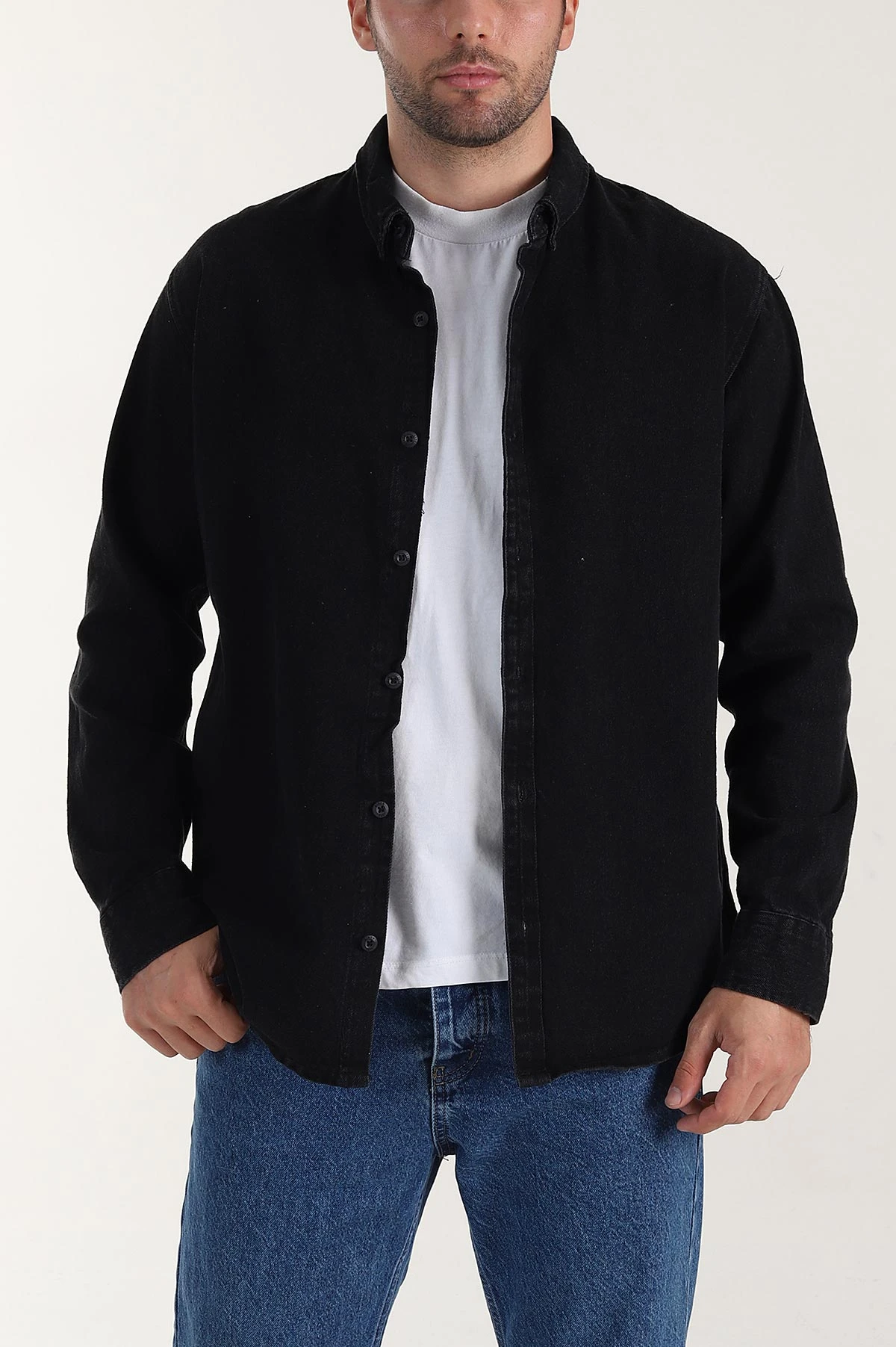 Siyah Relaxed Fit Yıkamalı Erkek Kot Gömlek 399961