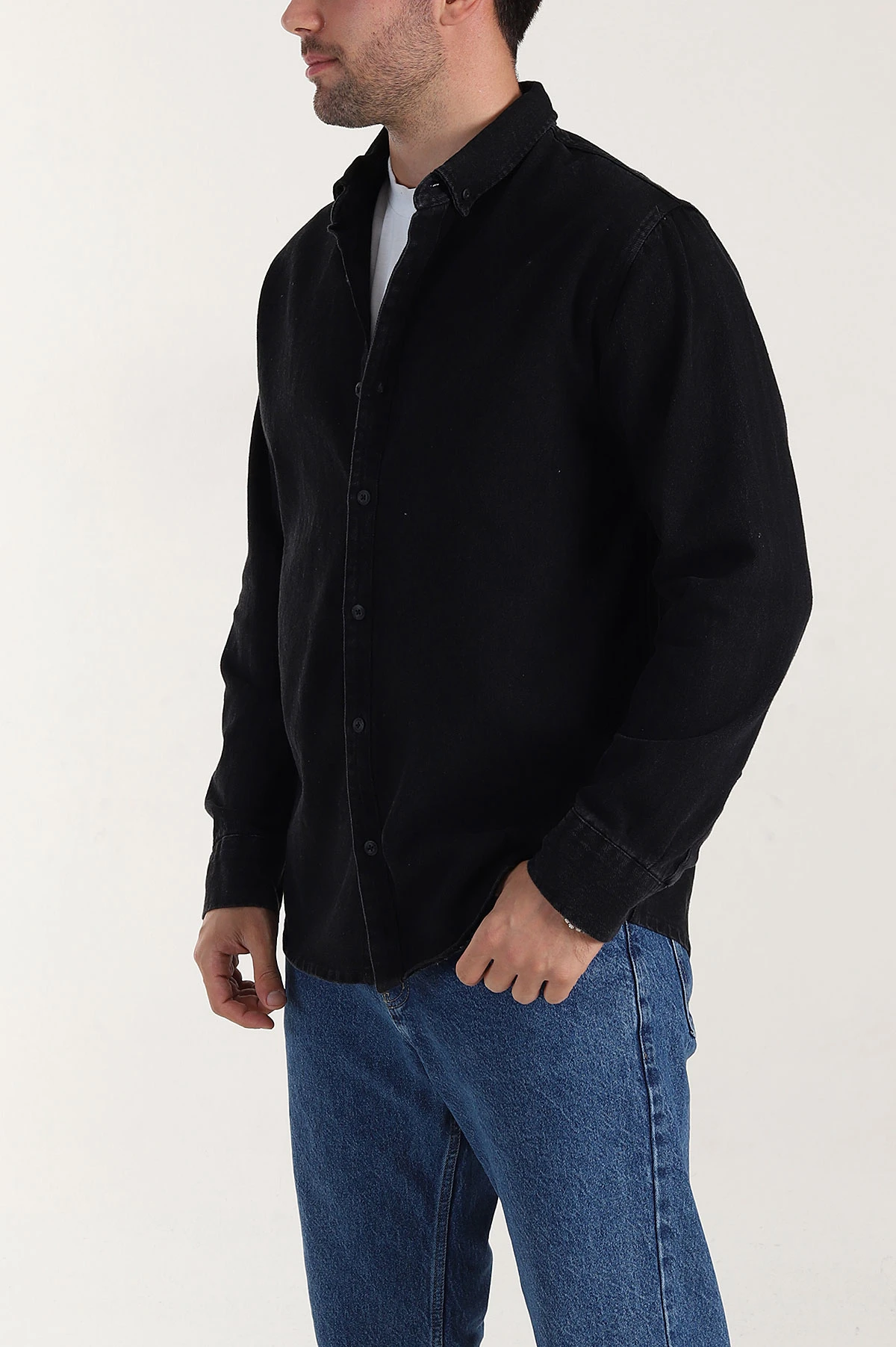 Siyah Relaxed Fit Yıkamalı Erkek Kot Gömlek 399961