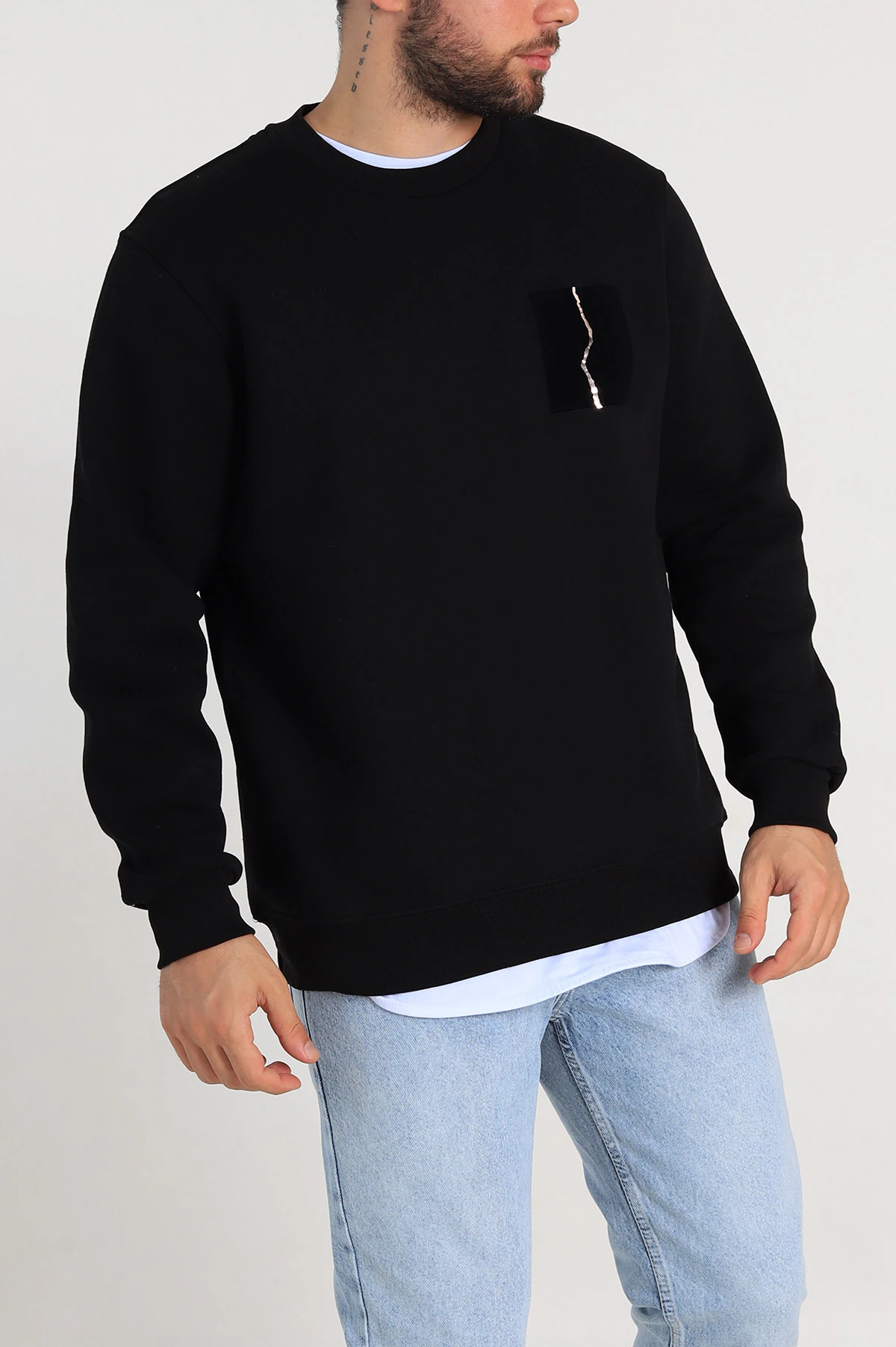 Siyah Relaxed Üç İp Şardonlu Baskı Detaylı Erkek Sweatshirt 311189