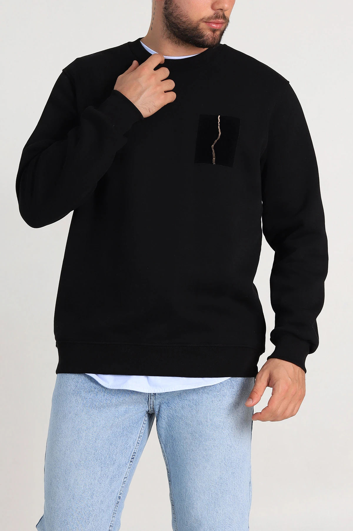 Siyah Relaxed Üç İp Şardonlu Baskı Detaylı Erkek Sweatshirt 311189