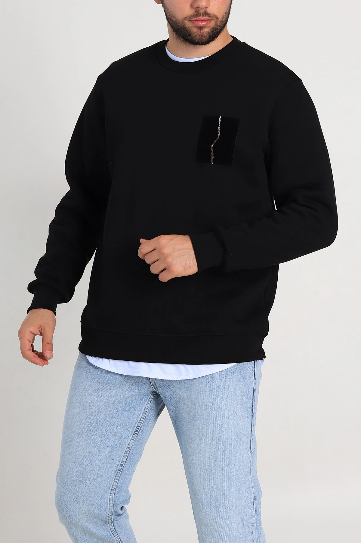 Siyah Relaxed Üç İp Şardonlu Baskı Detaylı Erkek Sweatshirt 311189
