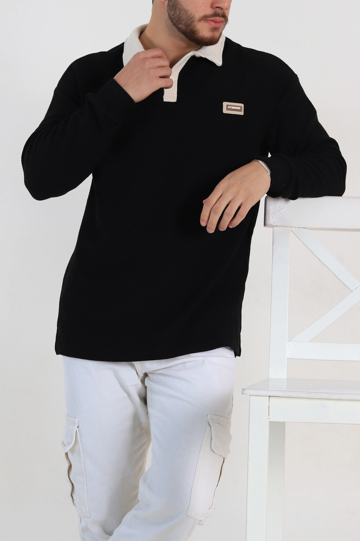 Siyah Releaxed Fit Petek Dokulu Polo Yaka Erkek Sweatshirt 315813