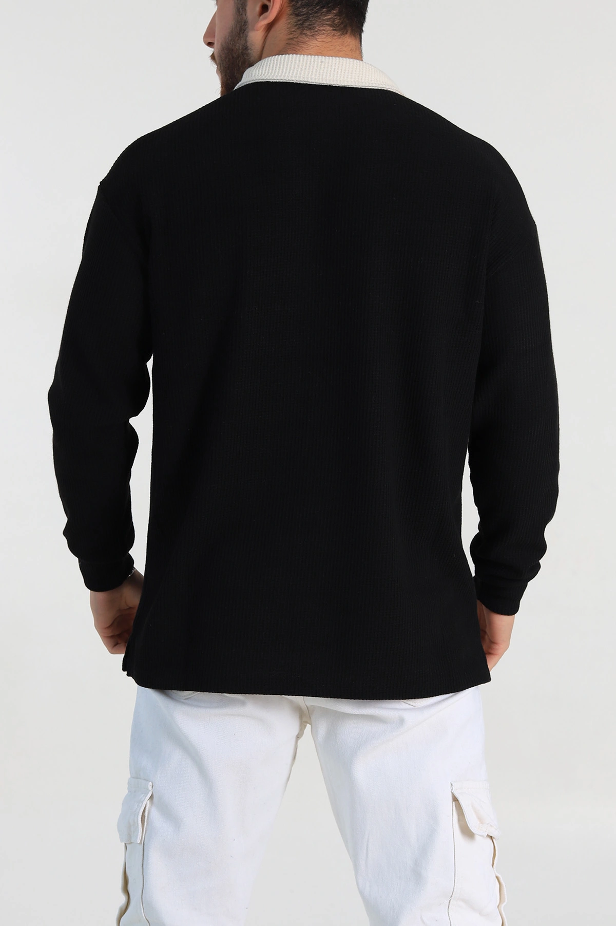 Siyah Releaxed Fit Petek Dokulu Polo Yaka Erkek Sweatshirt 315813