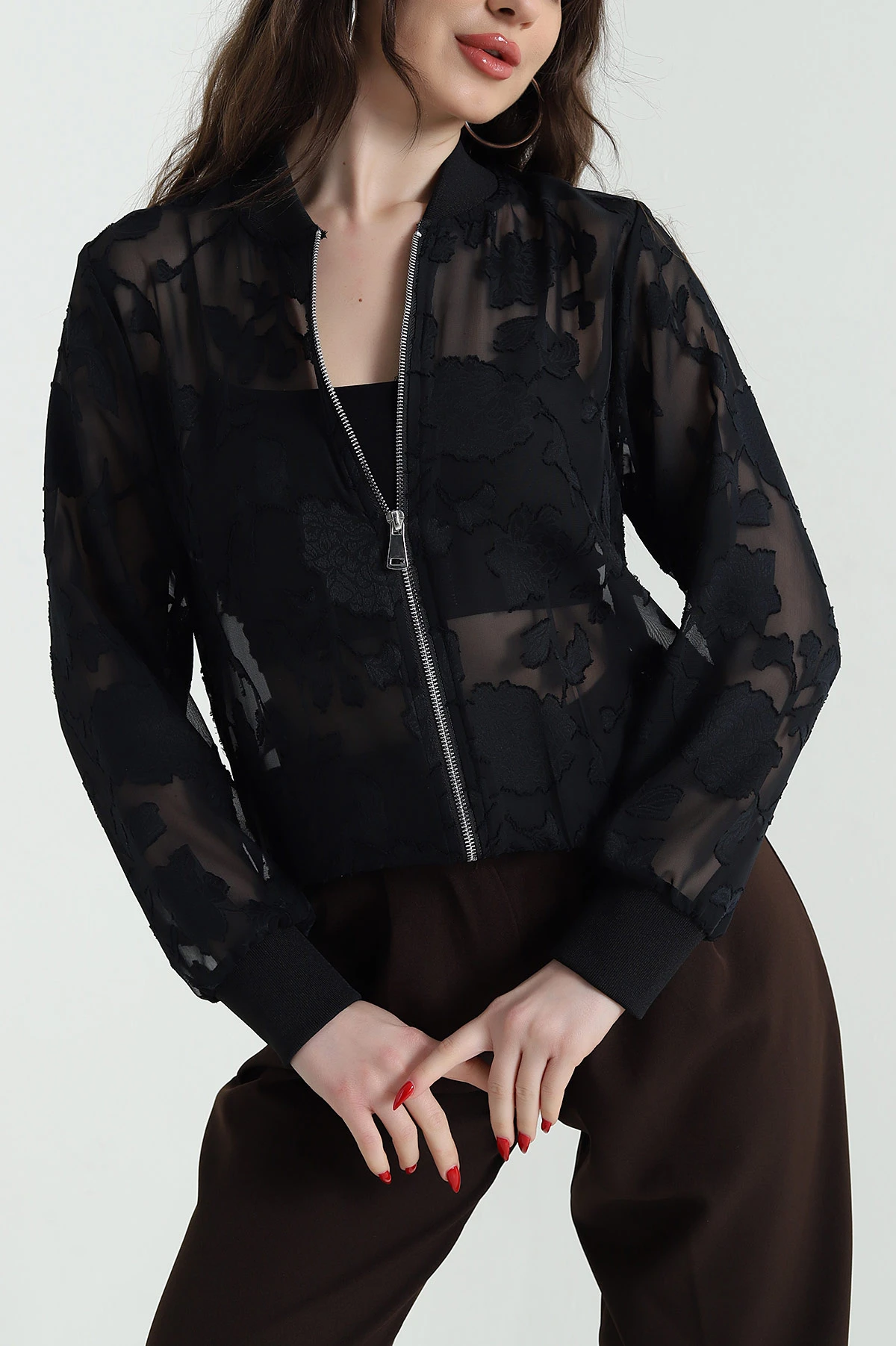 Siyah Ribanalı Şifon Empirme Bomber 444088