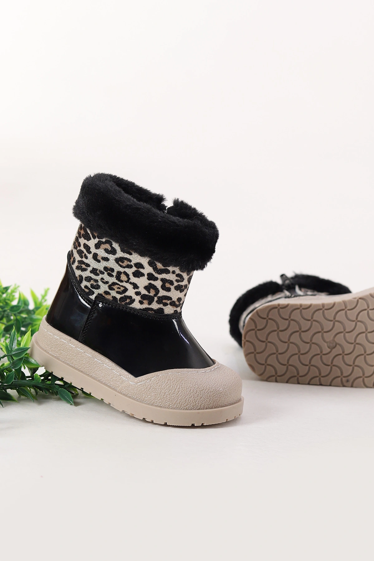 Siyah Rugan ( 22 - 26 ) Leopar Desenli İçi Kürklü Fermuarlı Kız Bebek Bot 404557