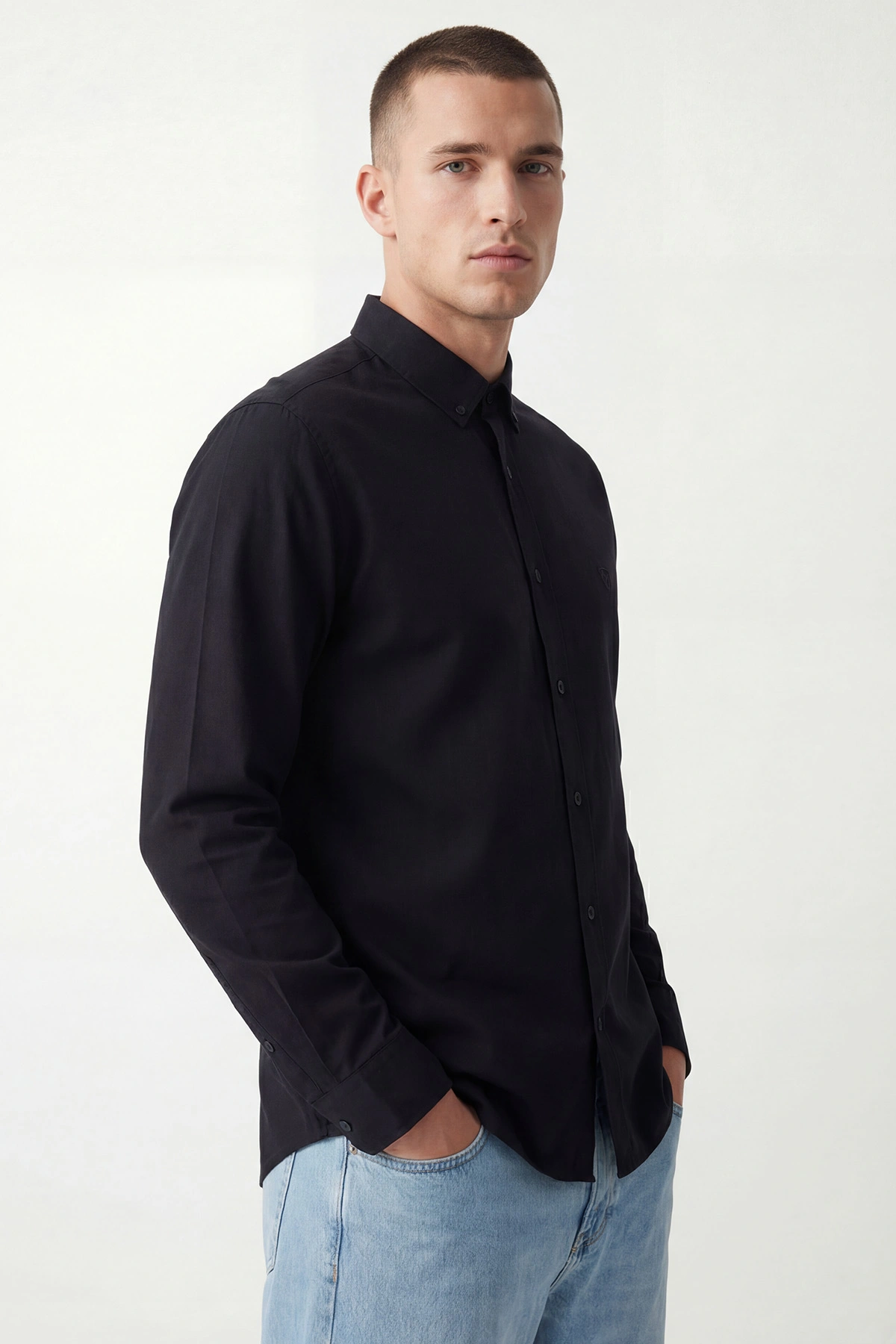 Siyah Şambre Kumaş Relaxed Fit Erkek Gömlek 435907