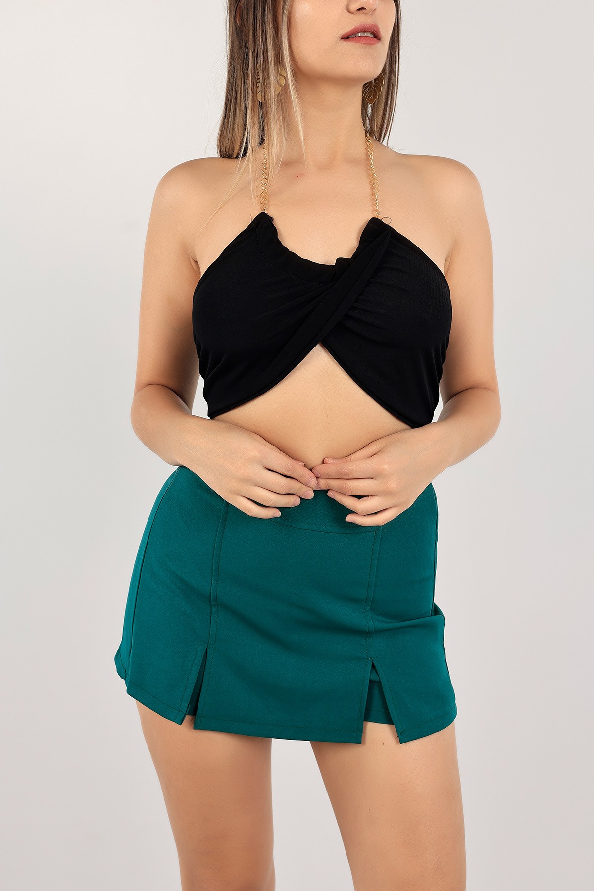 Siyah Sandy Kumaş Crop Bluz 117798