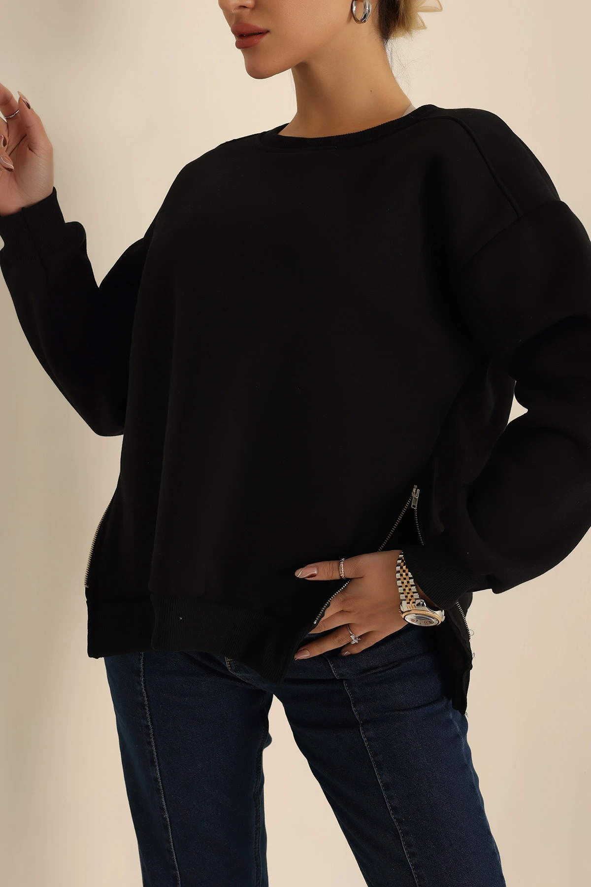 Siyah Şardonlu Fermuar Detay Sweat 224464