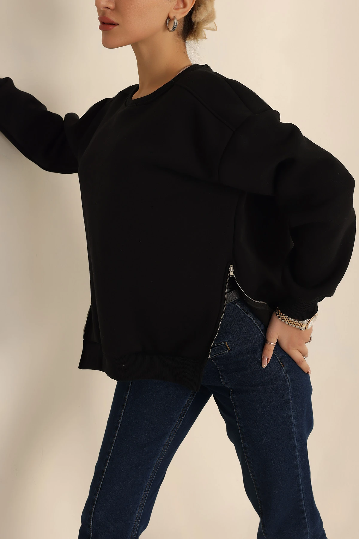 Siyah Şardonlu Fermuar Detay Sweat 224464