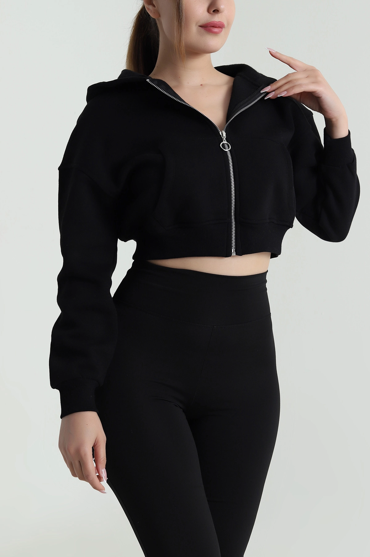 Siyah Şardonlu Fermuarlı Üç İp Kadın Sweat 485053