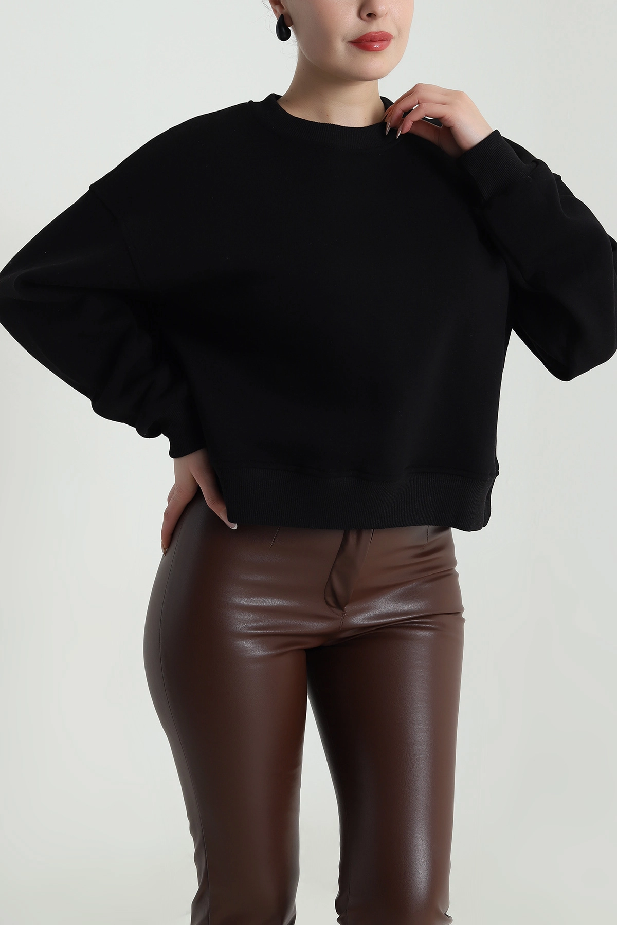 Siyah Şardonlu Kadın Fermuarsız Sweat 492510