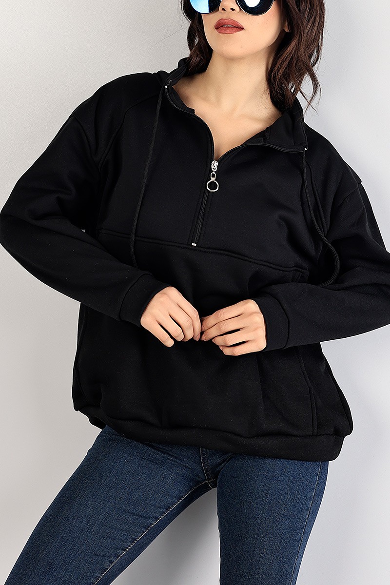 Siyah Şardonlu Kanguru Cepli Sweat 83353