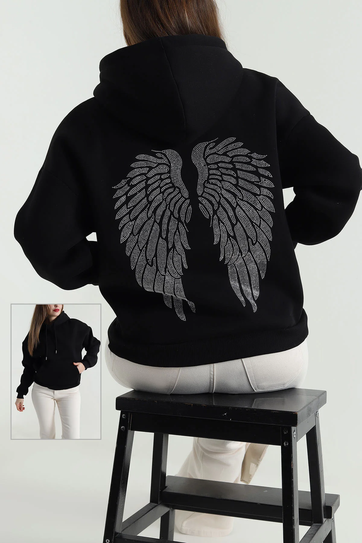 Siyah Şardonlu Kapşonlu Üç İp Kadın Sweat 494327