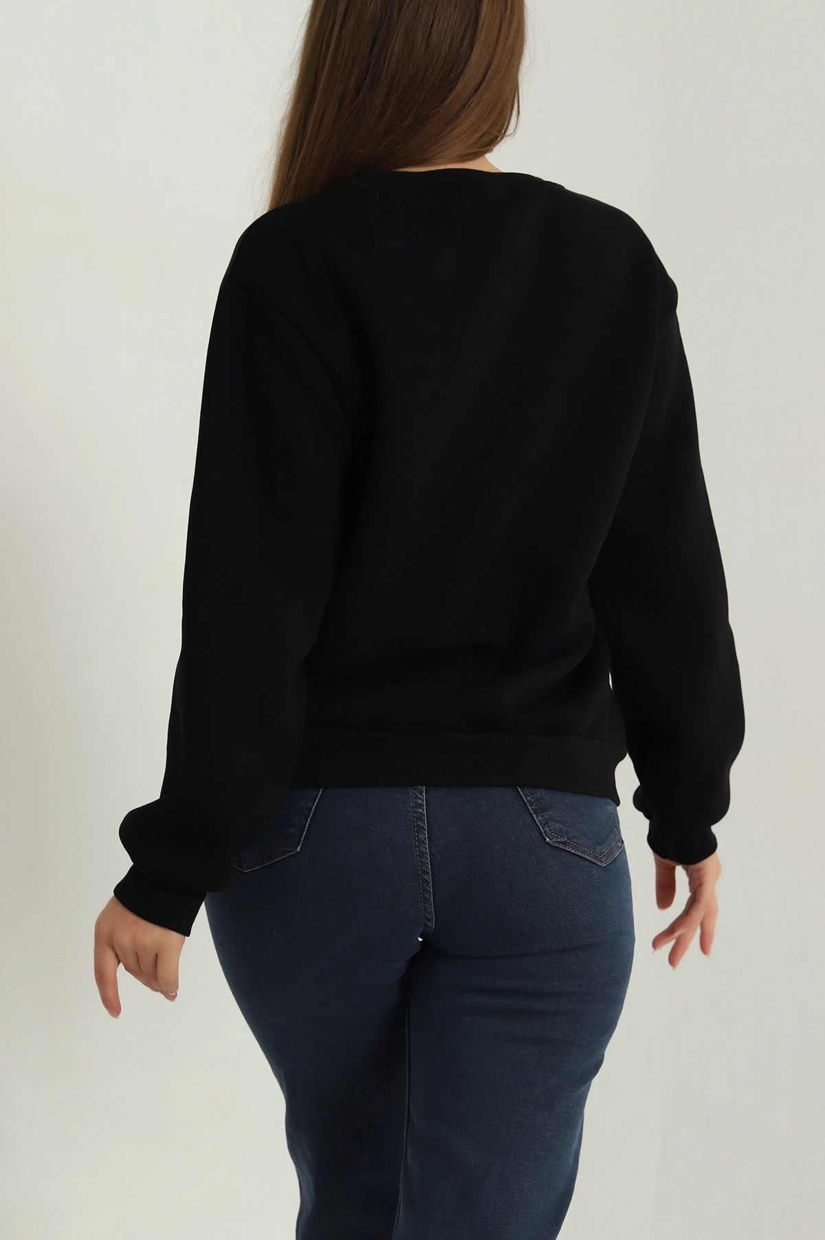 Siyah Şardonlu Nakışlı Üç İp Kadın Sweat 391619