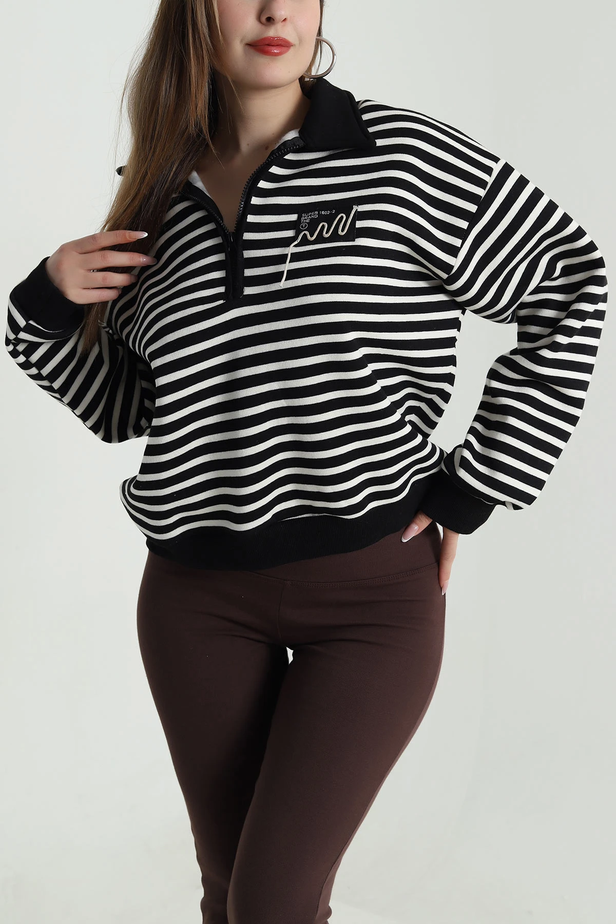 Siyah Şardonlu Polo Yaka Kadın Sweat 489513