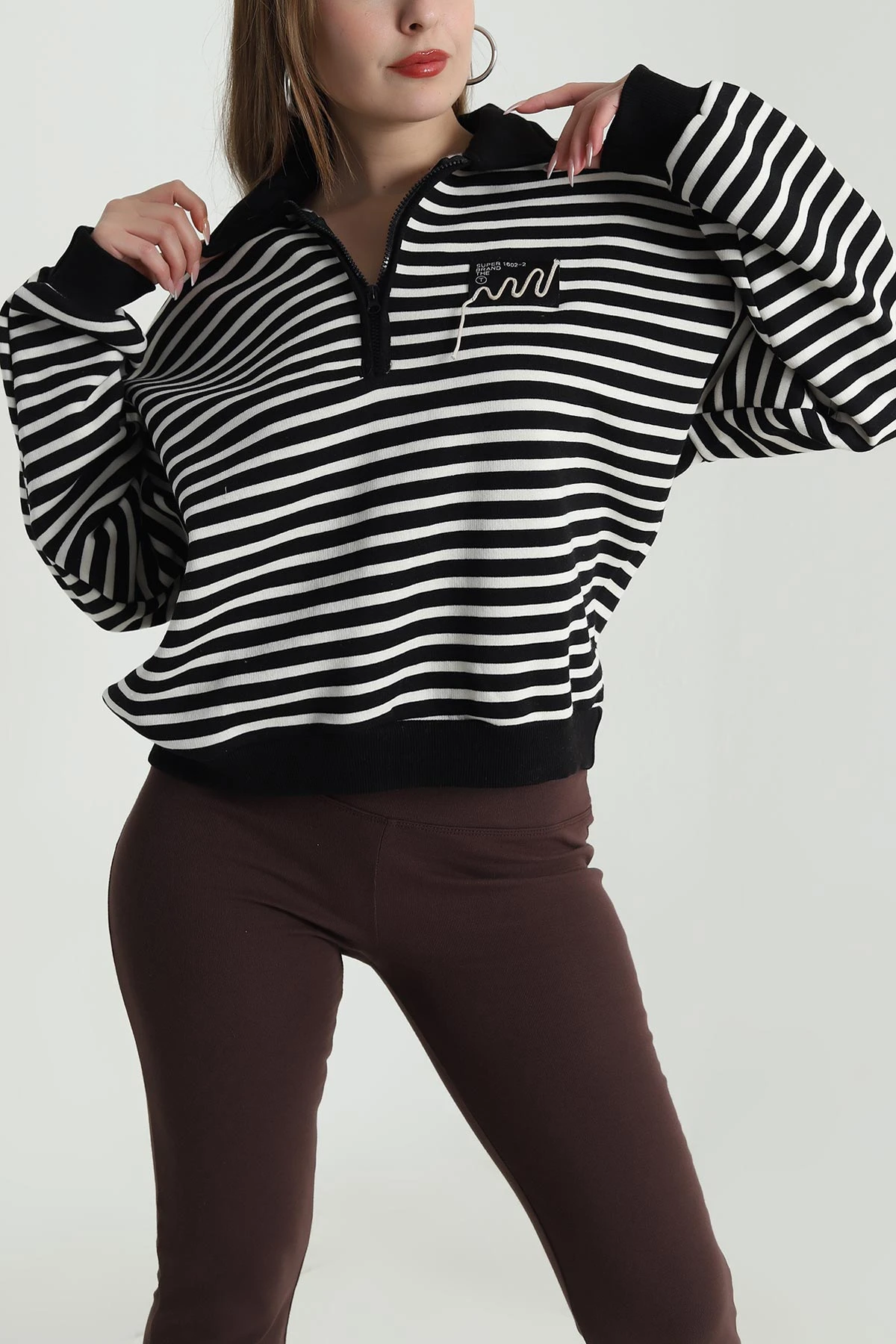 Siyah Şardonlu Polo Yaka Kadın Sweat 489513