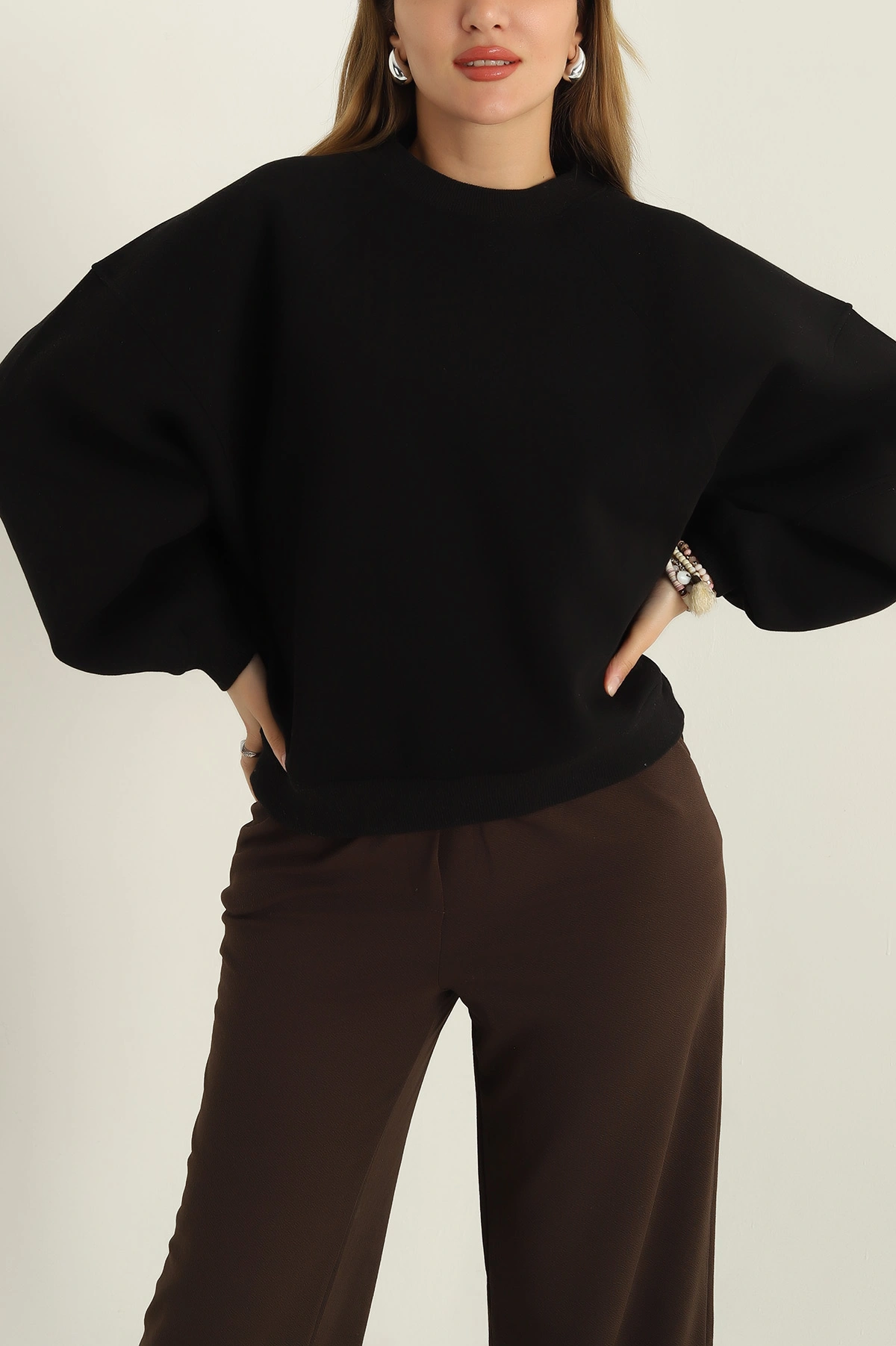 Siyah Şardonlu Reglan Kol Bayan Sweat 300672