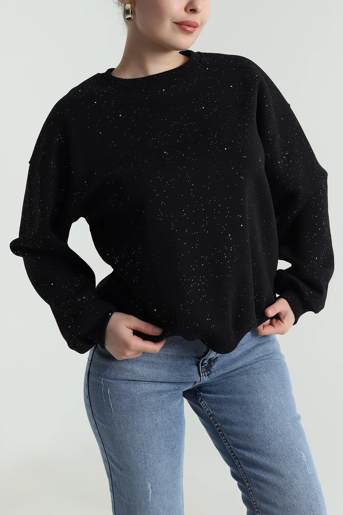 Siyah Şardonlu Simli Üç İp Kadın Sweat 493594