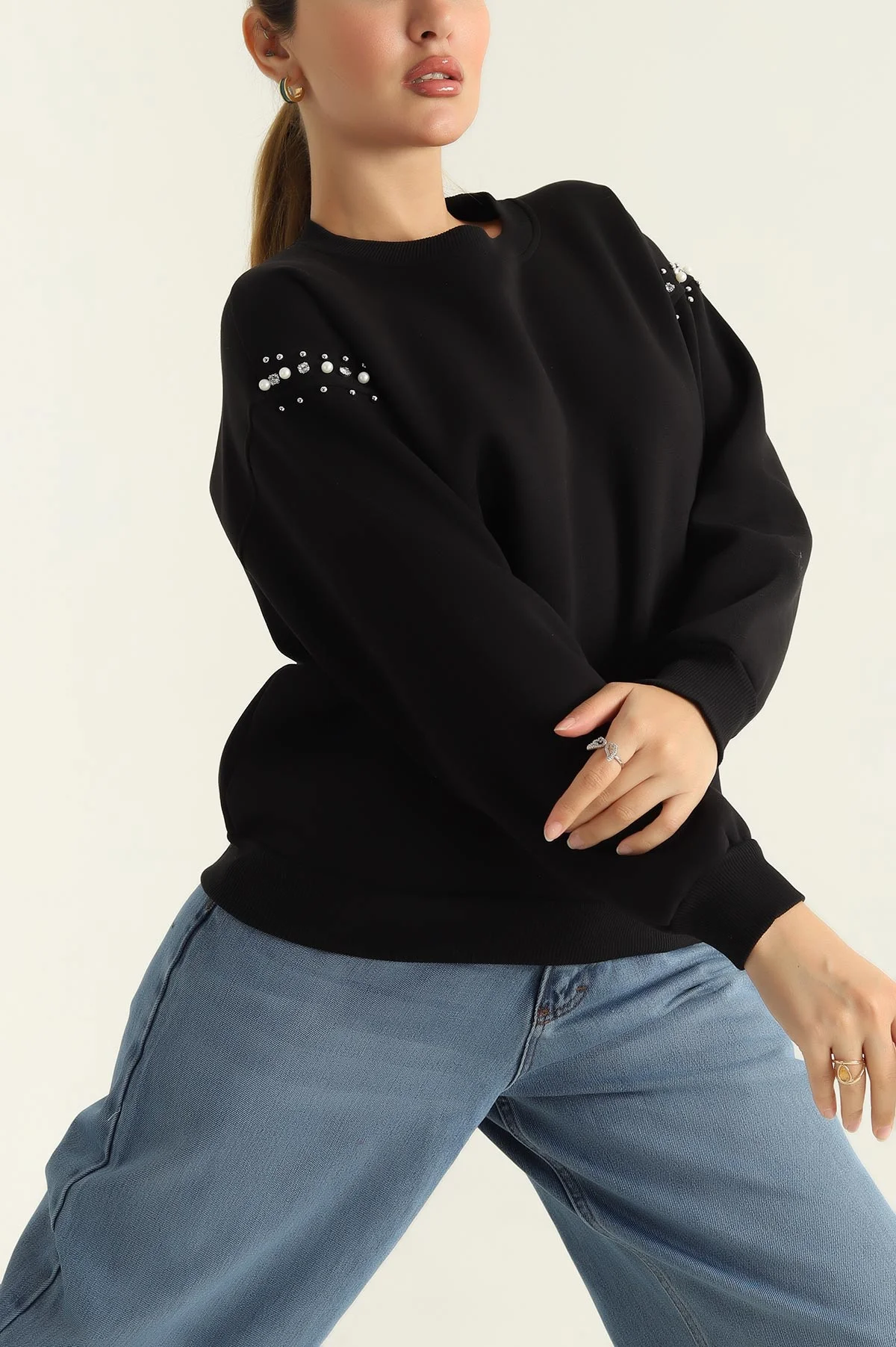 Siyah Şardonlu Taşlı İki İp Bayan Sweat 304485