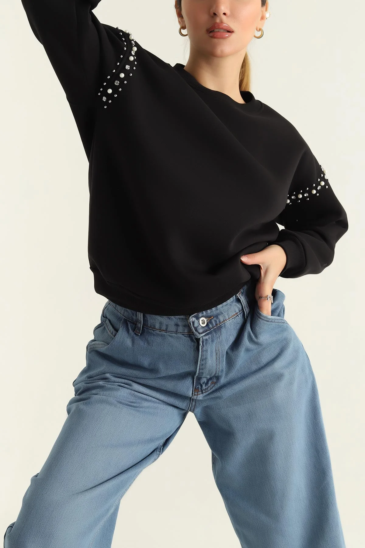 Siyah Şardonlu Taşlı İki İp Bayan Sweat 304485