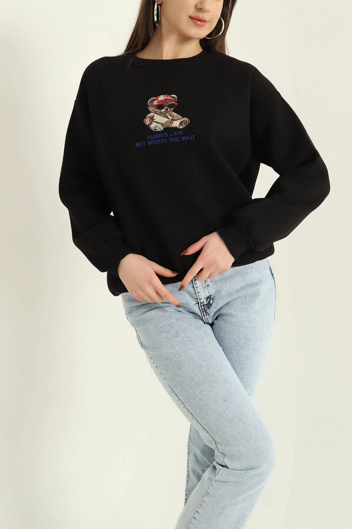 Siyah Şardonlu Üç İp Bayan Sweat 332349