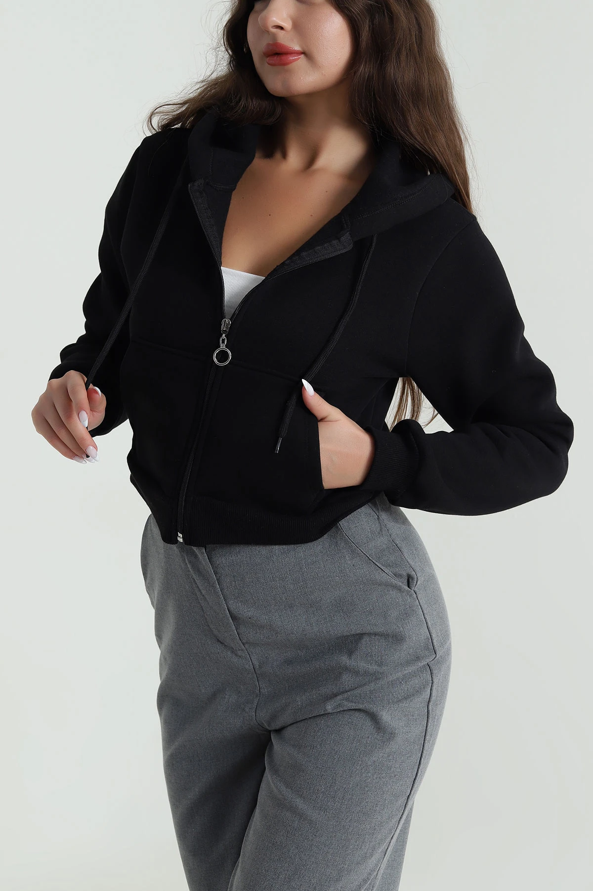 Siyah Şardonlu Üç İp Fermuarlı Kadın Sweat 485265