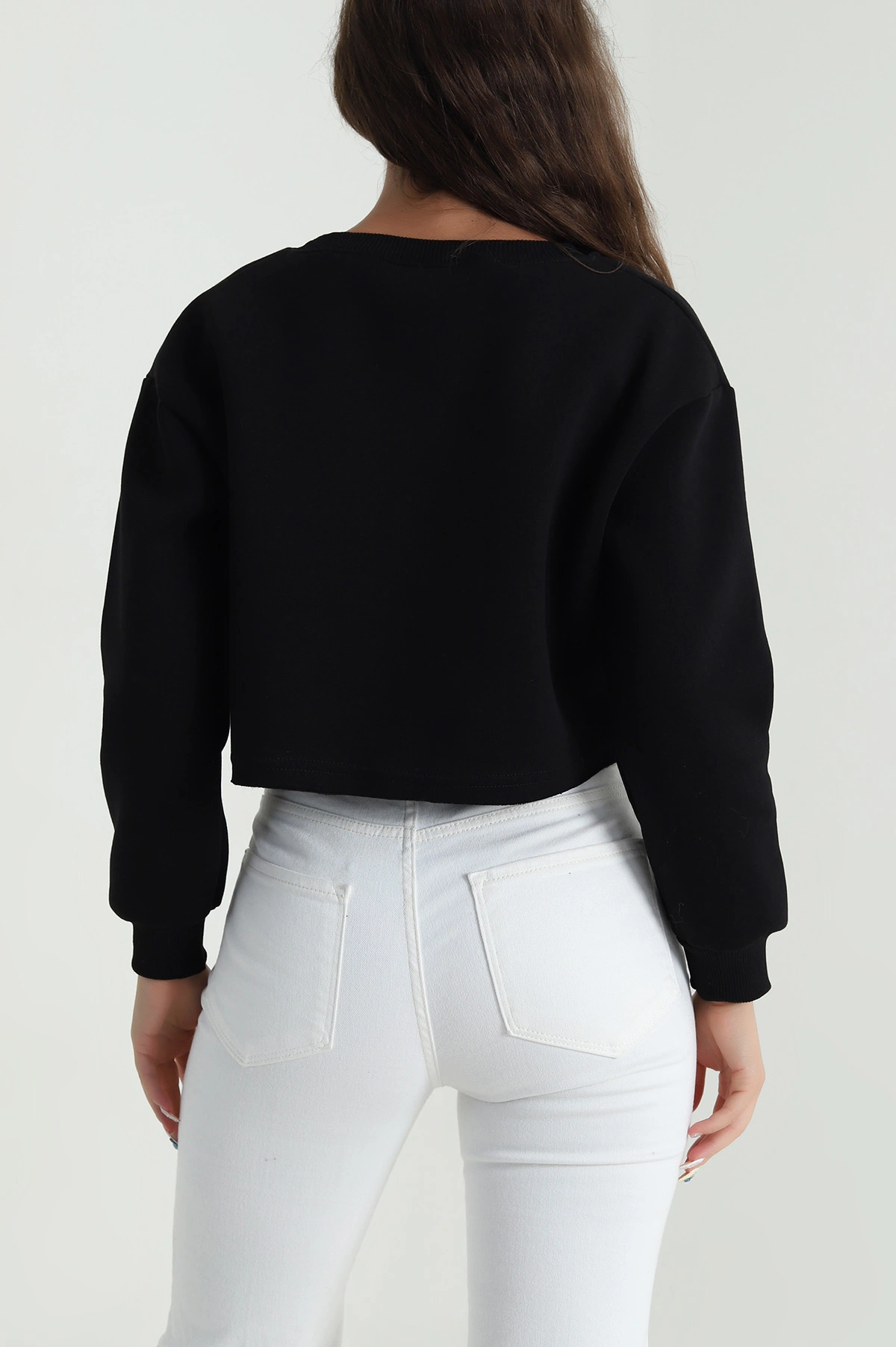 Siyah Şardonlu Üç İp Kadın Crop Sweat 484586