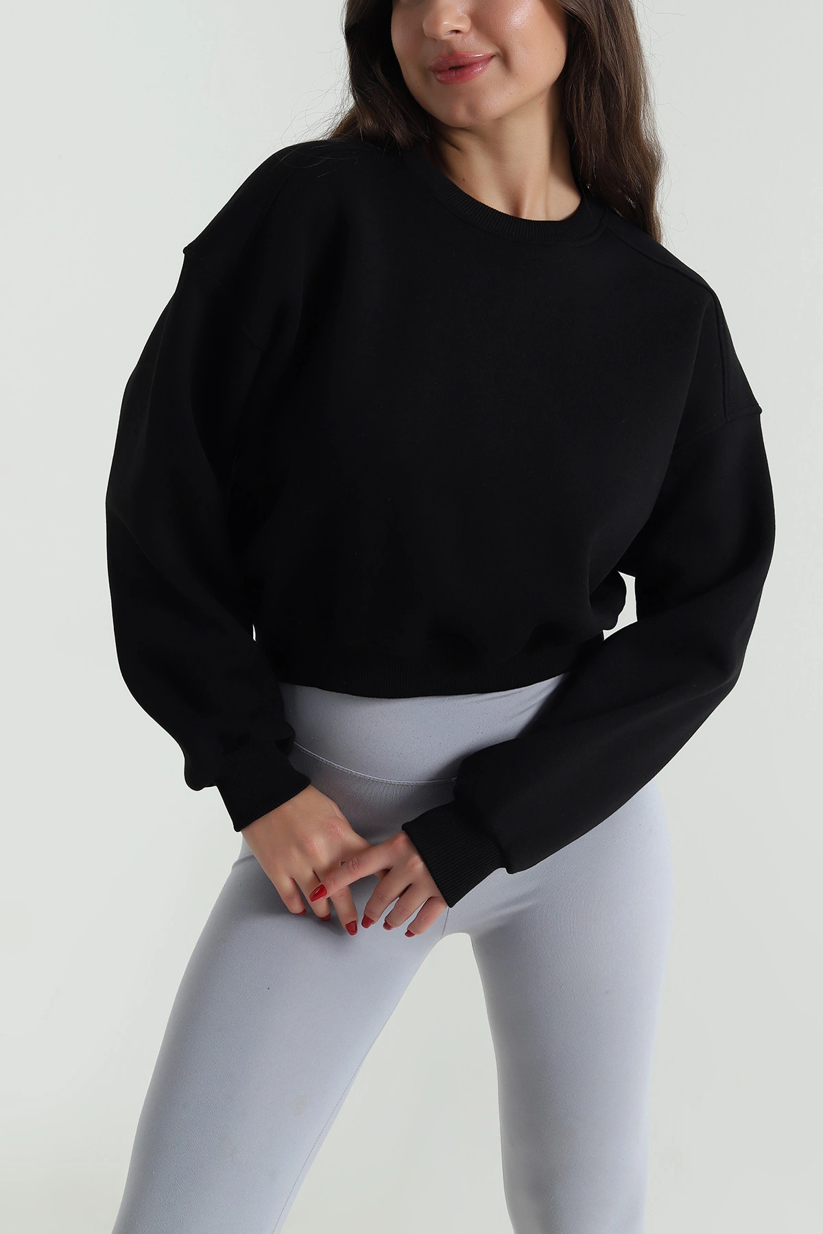 Siyah Şardonlu Üç İp Kadın Fermuarsız Sweat 489835