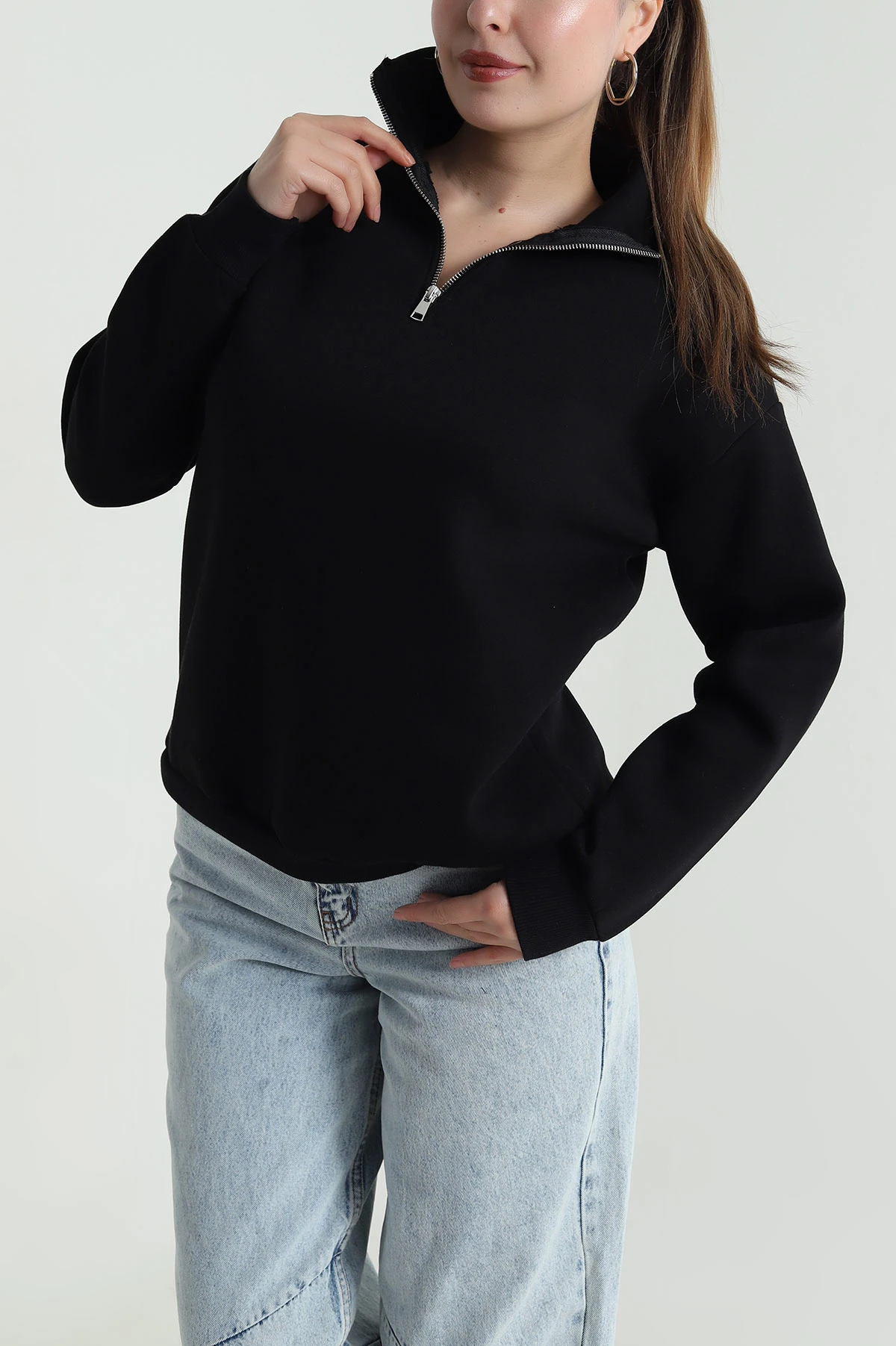 Siyah Şardonlu Üç İp Kadın Sweat 484592