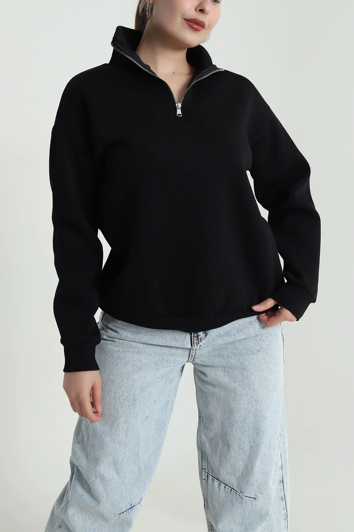 Siyah Şardonlu Üç İp Kadın Sweat 484592