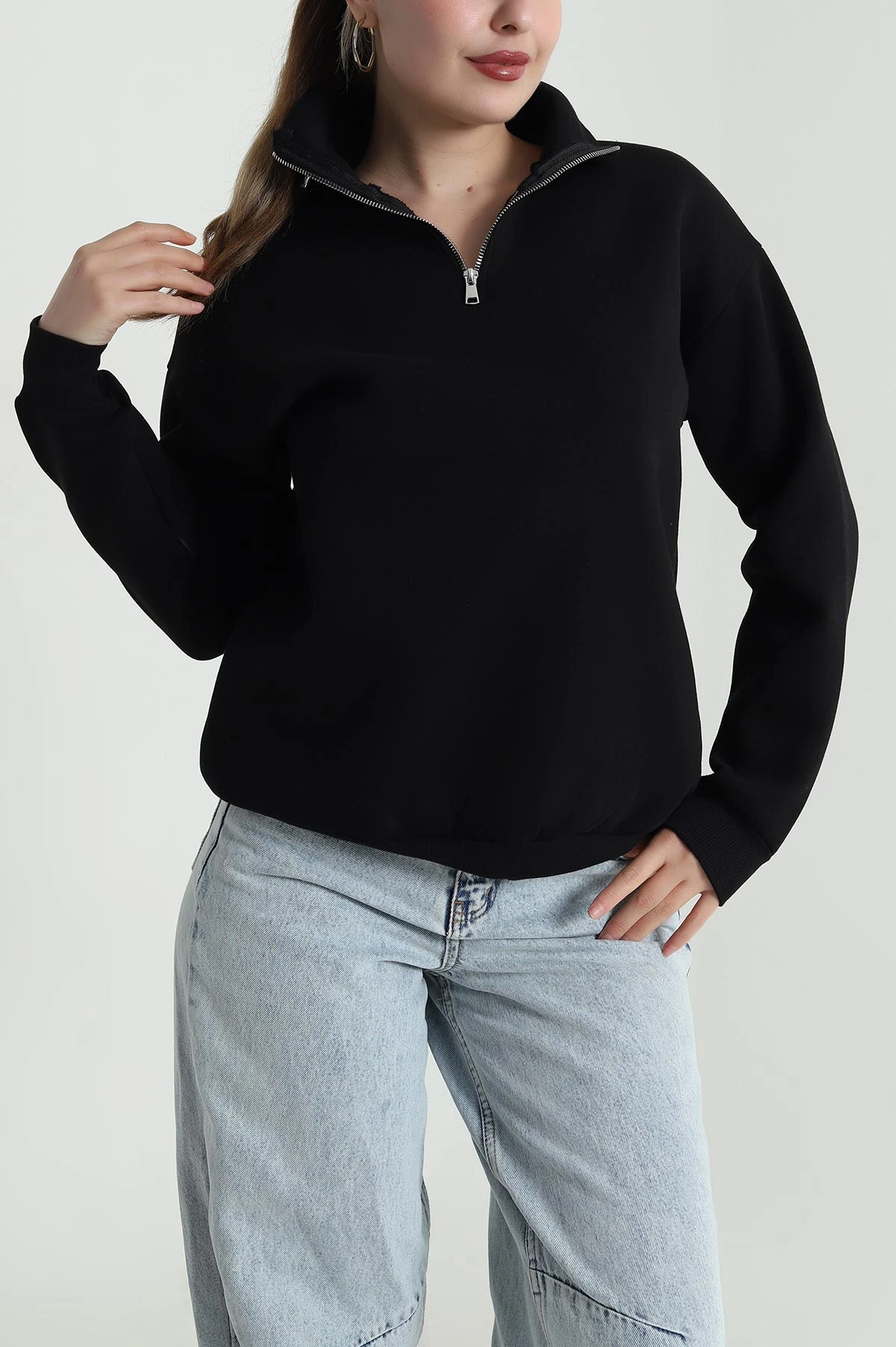 Siyah Şardonlu Üç İp Kadın Sweat 484592