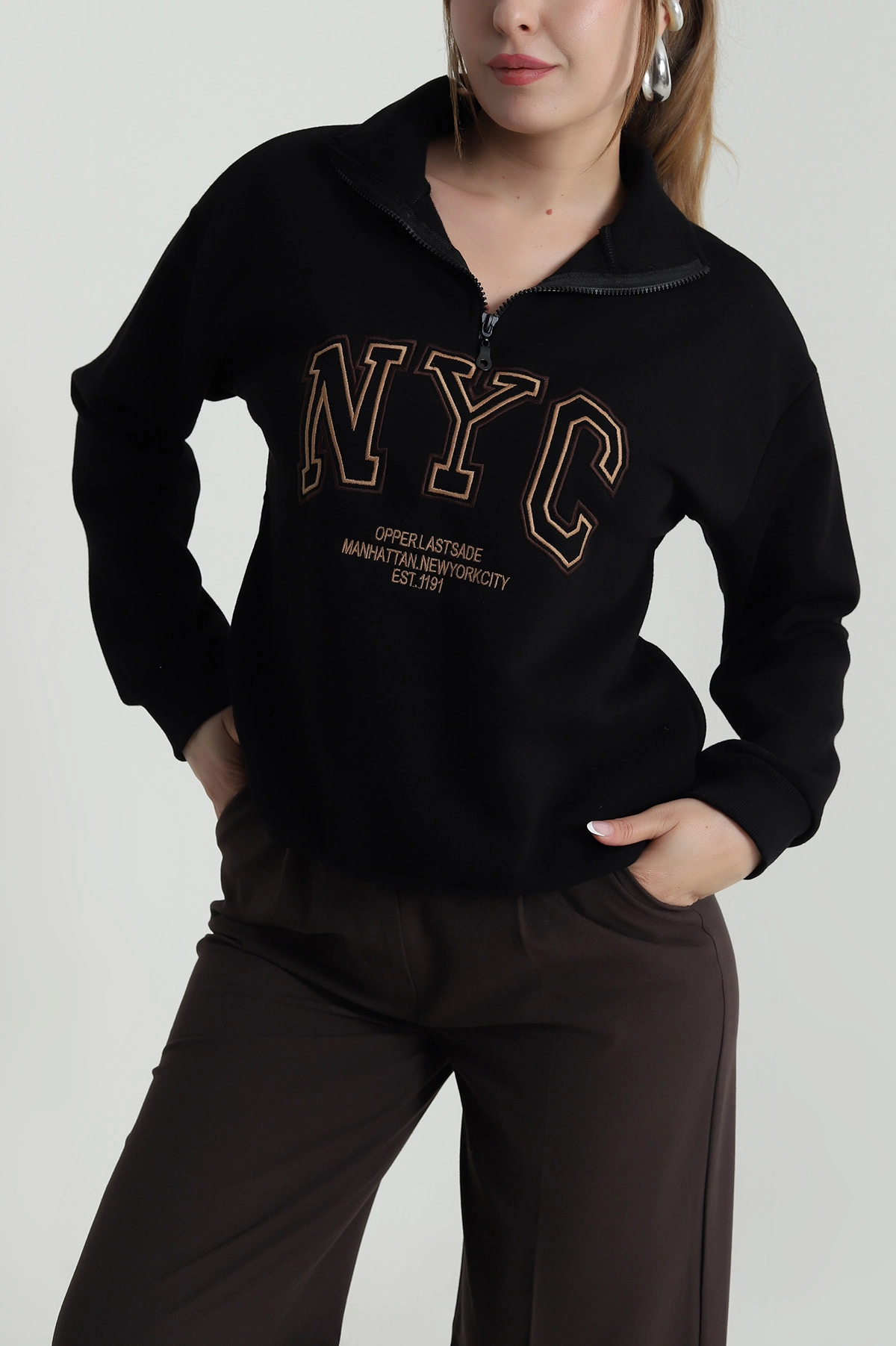 Siyah Şardonlu Üç İp Kadın Sweat 487146