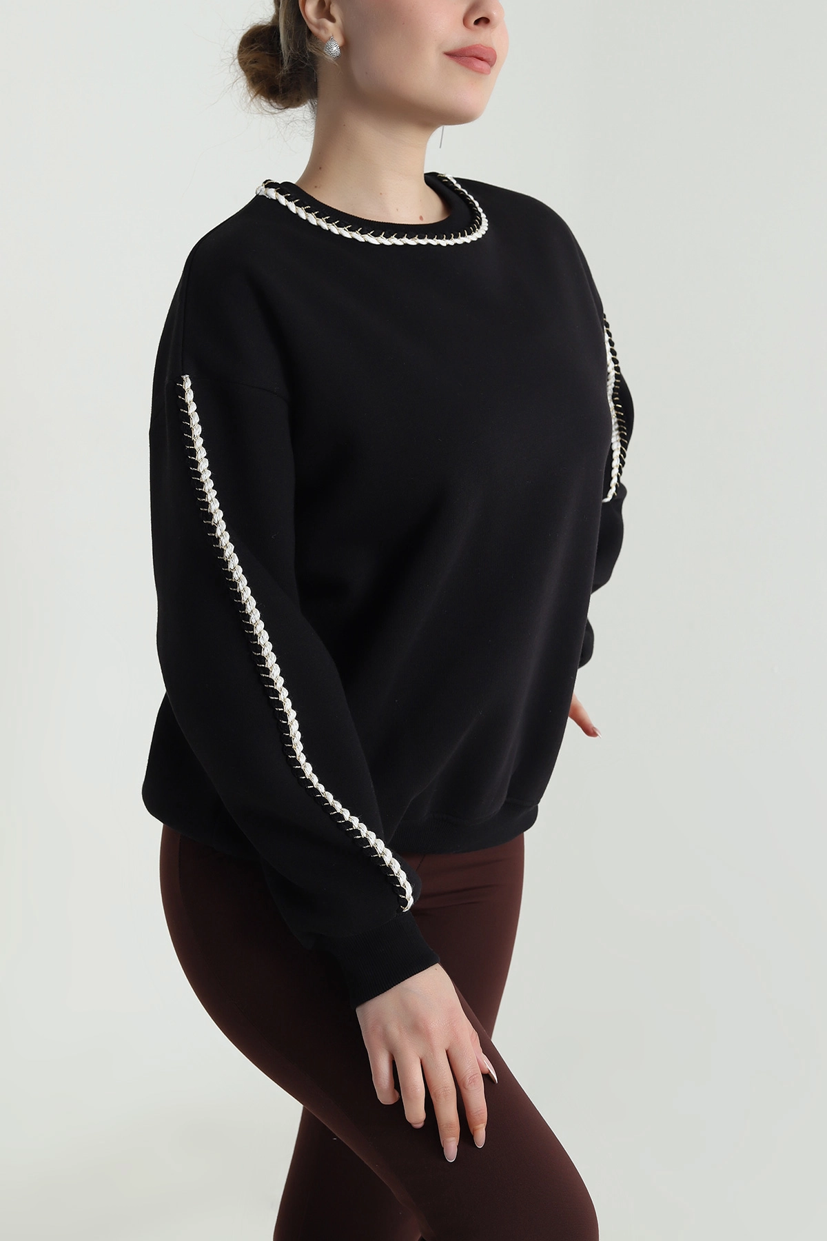 Siyah Şardonlu Üç İp Kadın Sweat 492095