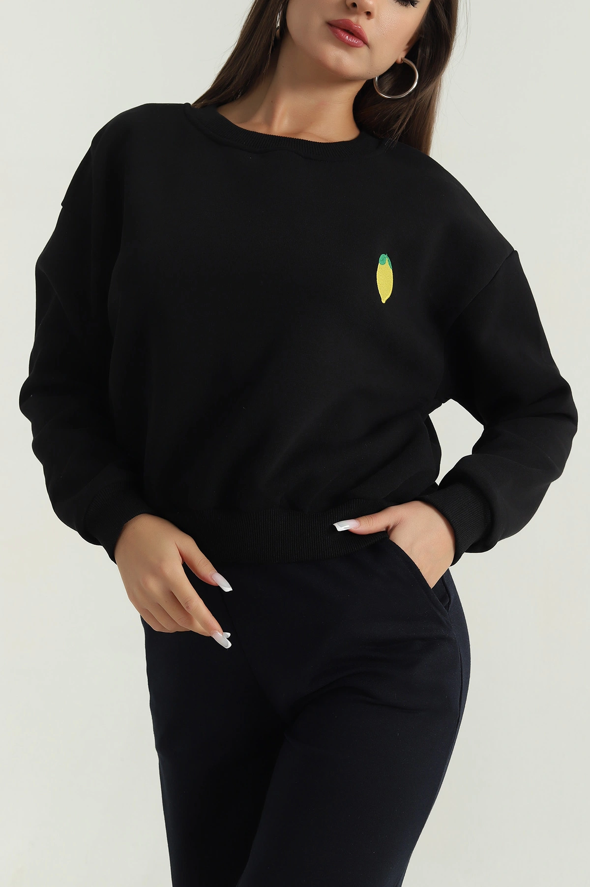Siyah Şardonlu Üç İplik Kadın Sweat 387823