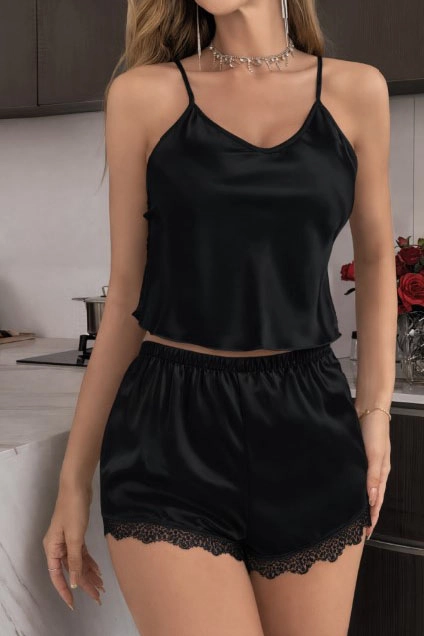 Siyah Saten Dantel İşlemeli Fantazi Şortlu Gecelik 443959