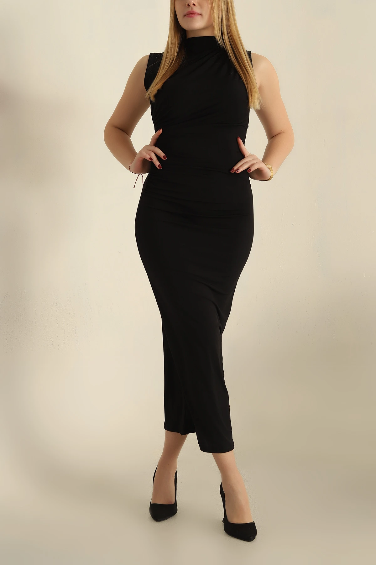 Siyah Sendy Büzgülü Drapeli Elbise 249561