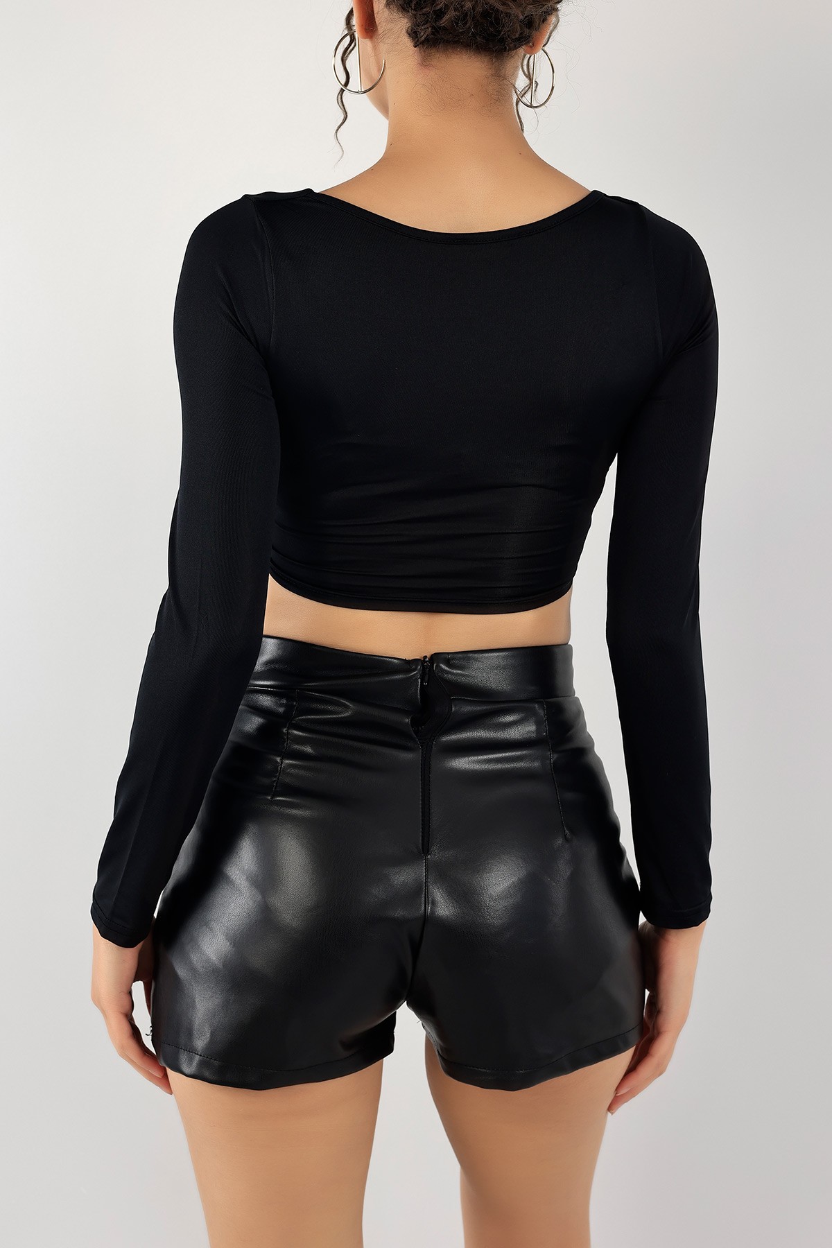 Siyah Sendy Kumaş Crop Bluz 128702