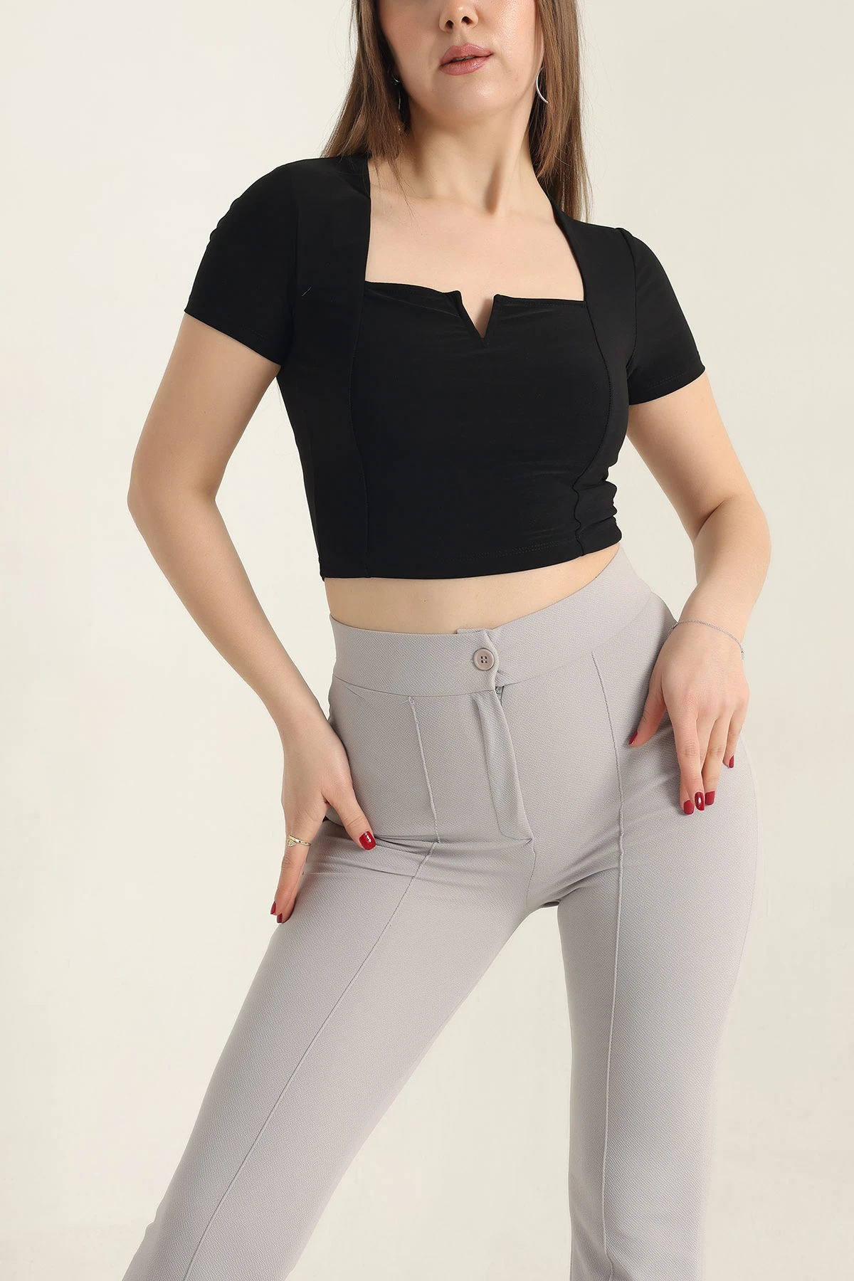 Siyah Sendy Kumaş Crop Bluz 337560