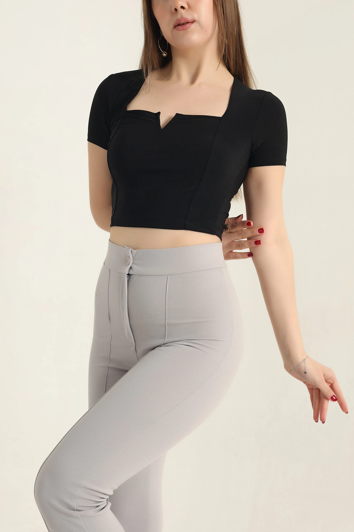 Siyah Sendy Kumaş Crop Bluz 337560