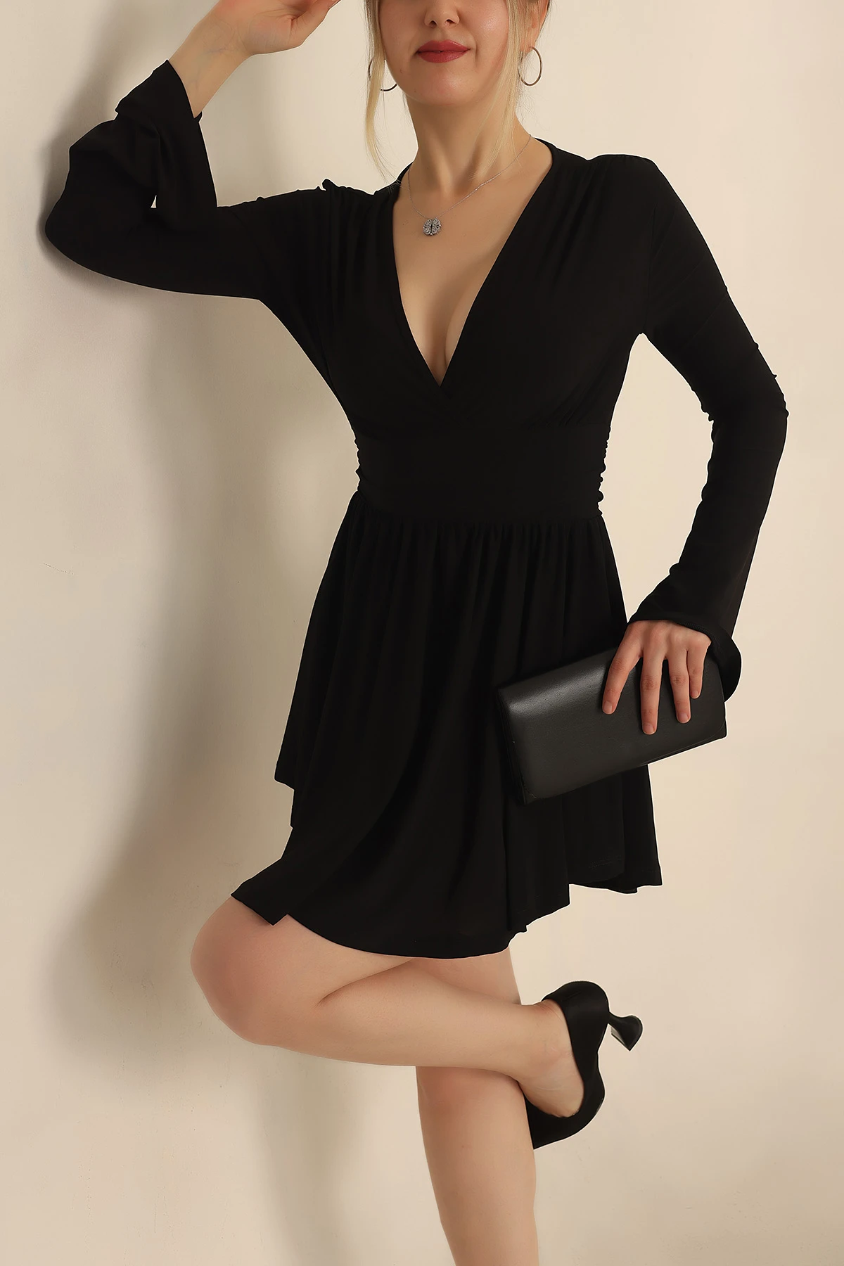 Siyah Sendy Kumaş Şort Elbise 234633