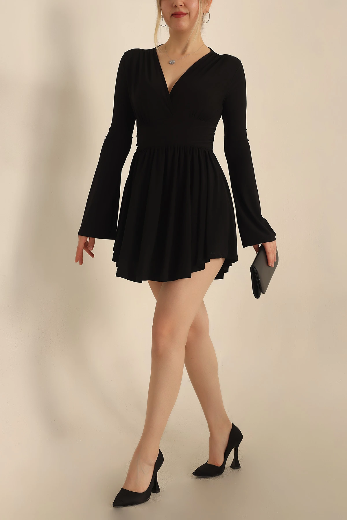 Siyah Sendy Kumaş Şort Elbise 234633