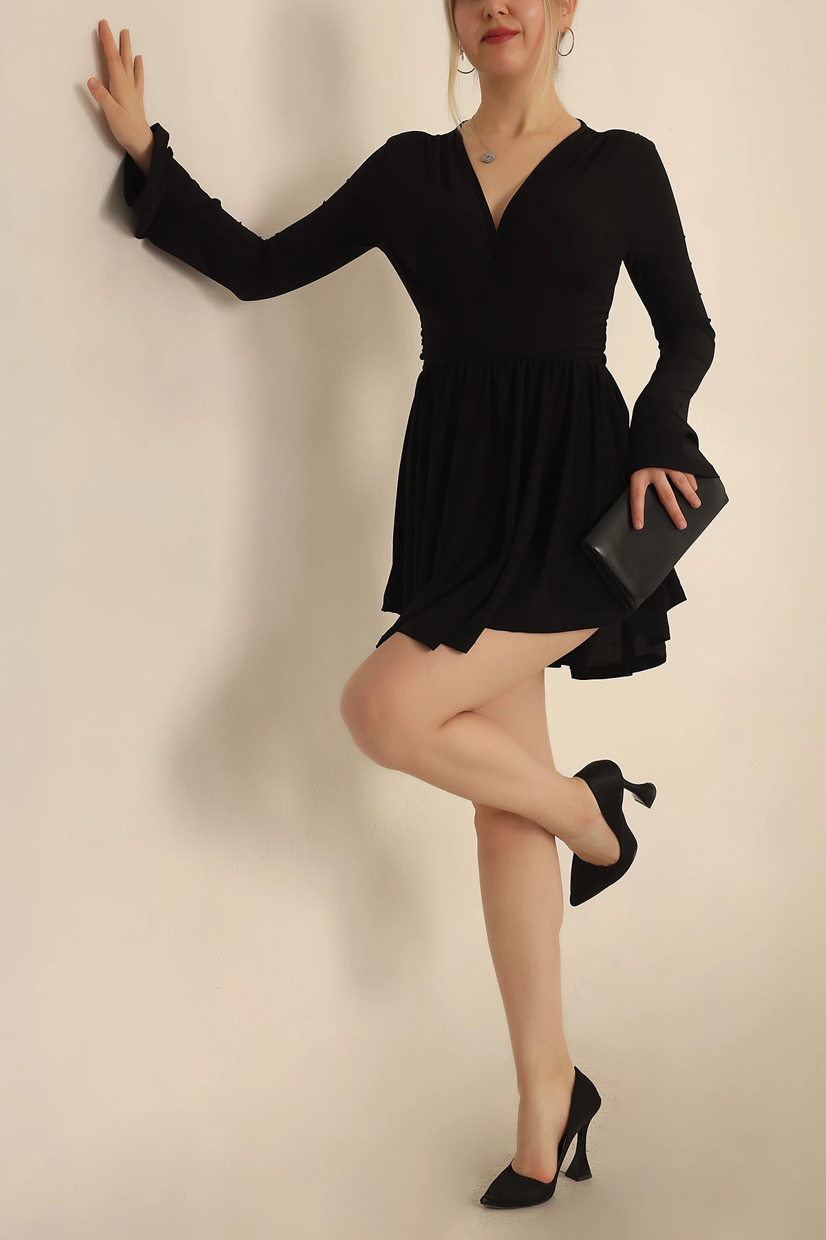 Siyah Sendy Kumaş Şort Elbise 234633
